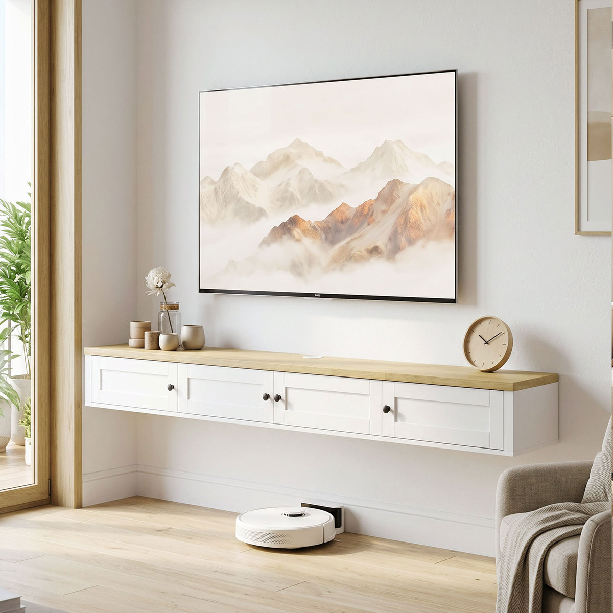 Floating TV Stand for TVs up to 72 Inch, Modern Wall Mounted Media Console with Power Outlets, Entertainment Center with Storage Shelves for Living Room, Bedroom, White