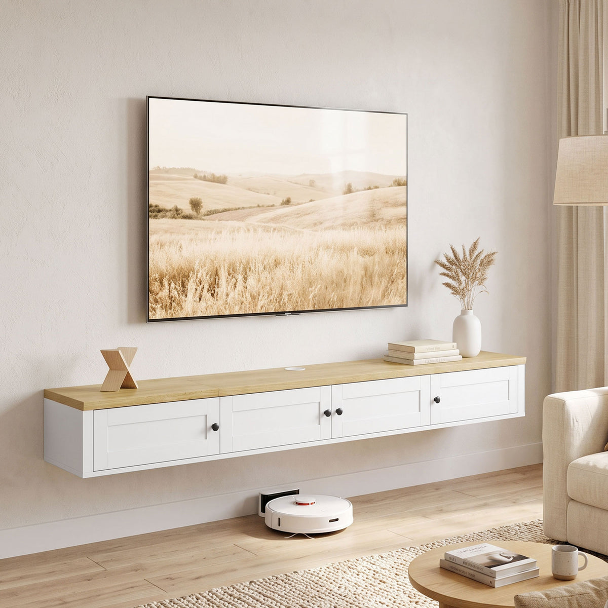 Floating TV Stand for TVs up to 72 Inch, Modern Wall Mounted Media Console with Power Outlets, Entertainment Center with Storage Shelves for Living Room, Bedroom, White