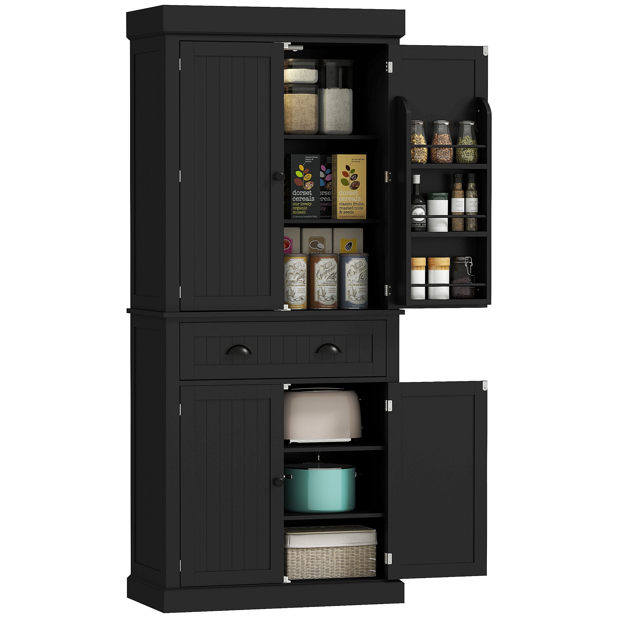 71" Pantry Cabinet with LED Motion Sensor Light, Freestanding Kitchen Pantry with 6 Spice Racks, Drawer and Adjustable Shelves, Tall Buffet Cabinet with Hutch, Black