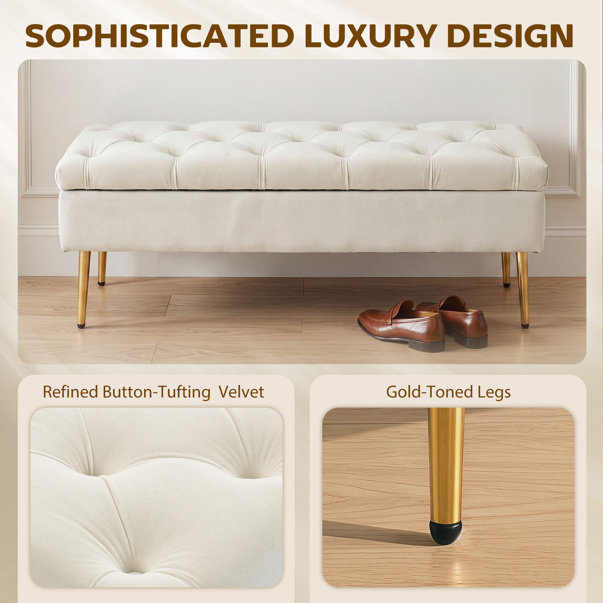 Upholstered Bedroom Bench with Gold Tone Metal Legs, Velvet Button-Tufted Storage Bench, Bench Seat with Thick Padding, Ottoman Bench for Living Room, Hallway, Beige