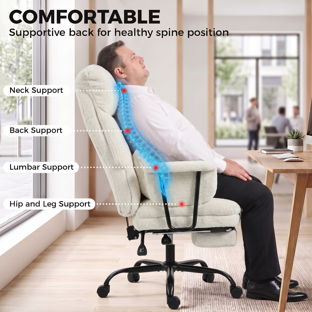 Office Chair, 400 lbs Heavy Duty Raindrop Velvet Computer Desk Chair with Lumbar Support, Wide Seat, Spring Cushion, Reclining Backrest, Footrest, Swivel Wheels, Cream White