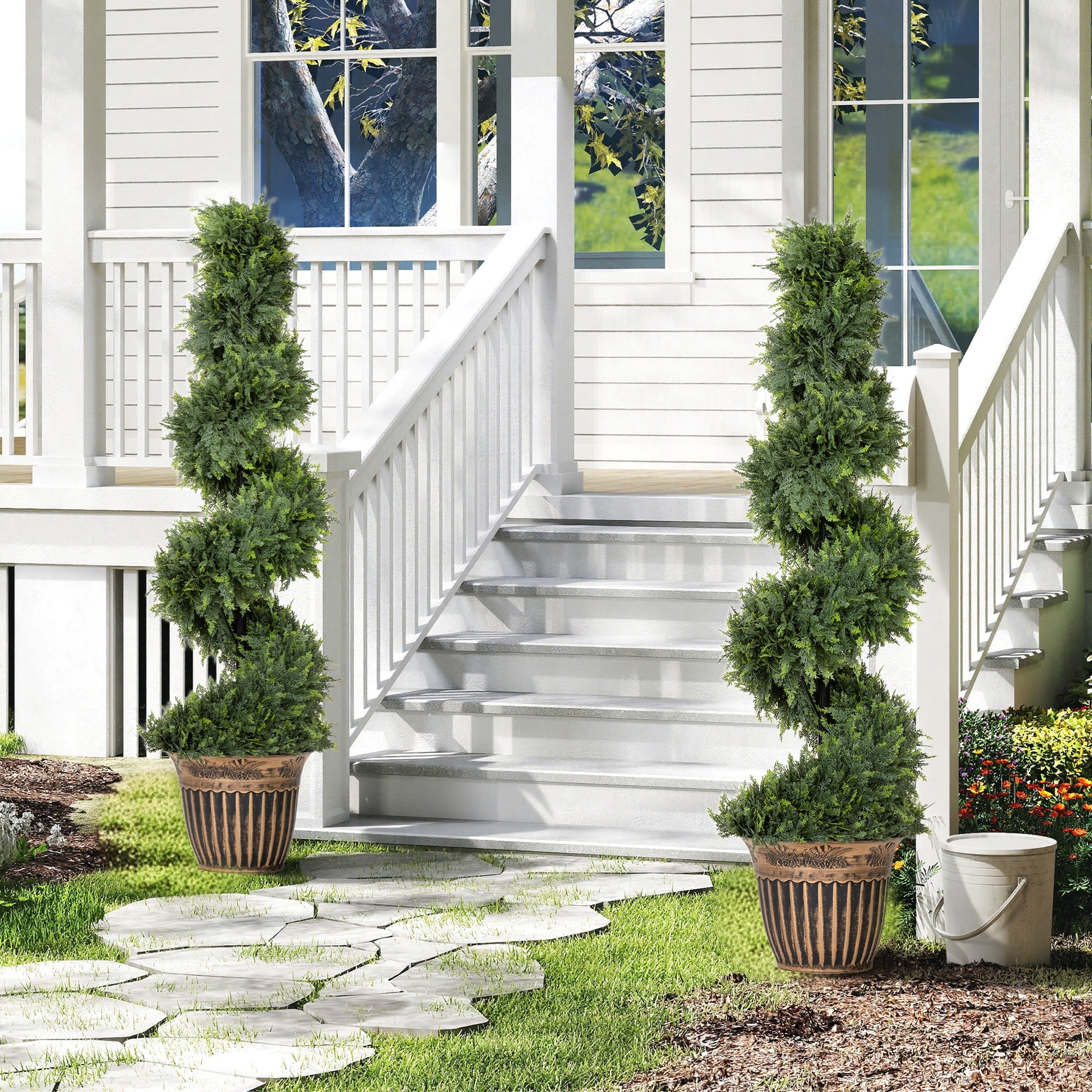 Set of 2 Decorative Artificial Plants Topiary Spiral Cypress Trees in Pot, Fake Plants for Home Indoor Outdoor Decor, 120cm, Green