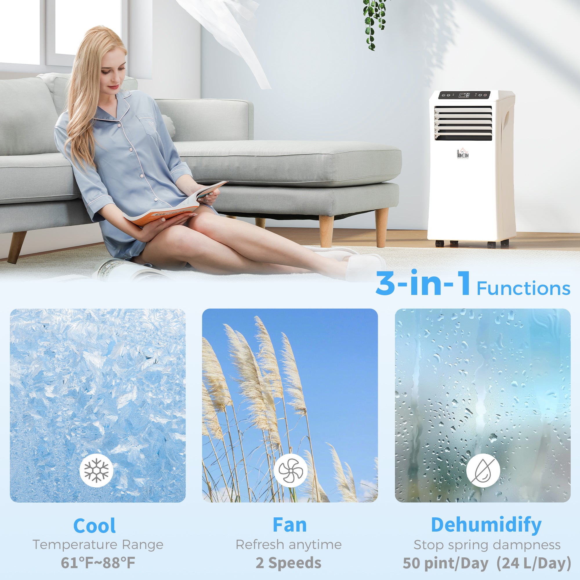 8000BTU Portable Air Conditioner, Dehumidifier, Remote, 2 Speed Fans, 24-Hour Timer, White