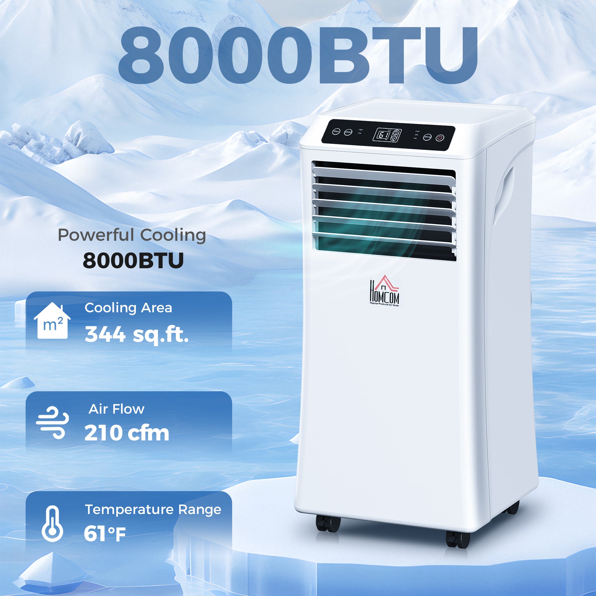 8000BTU Portable Air Conditioner, Dehumidifier, Remote, 2 Speed Fans, 24-Hour Timer, White