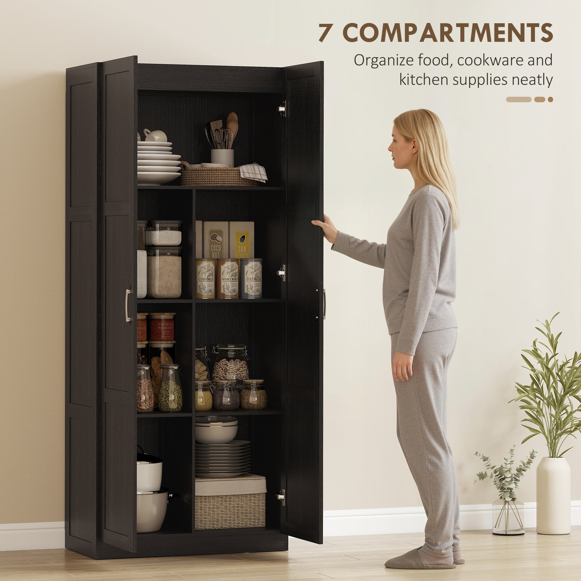 71" Tall Kitchen Pantry Cabinet with Soft-Close Hinges, Modern Farmhouse Freestanding Pantry Storage Cabinet with 2 Framed Doors, 4 Adjustable Shelves, Dark Brown