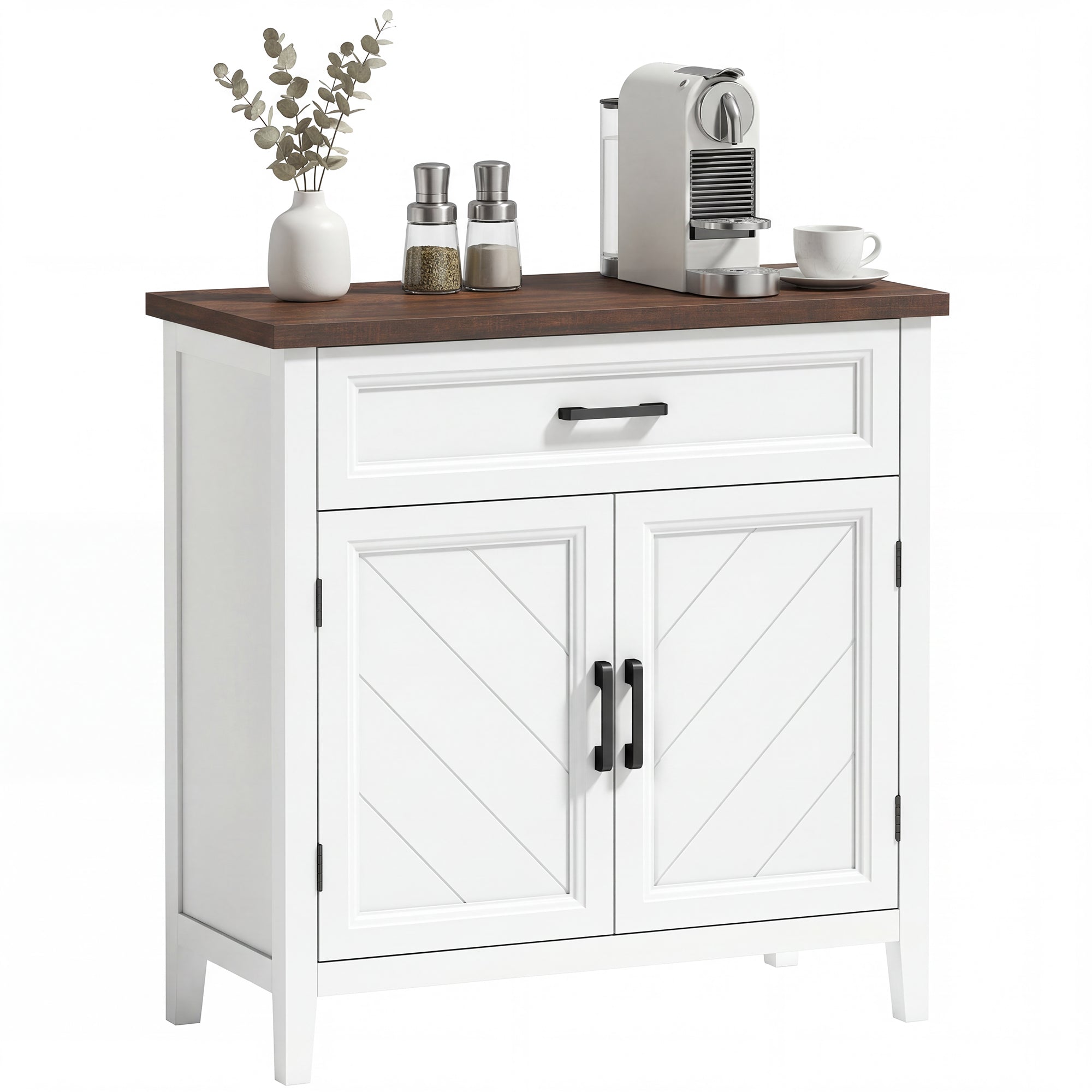 Modern Farmhouse Sideboard Buffet Cabinet with Storage & 2 Doors, 30" Narrow Sideboard, Kitchen Storage Cabinet with Adjustable Shelf, for Kitchen, Living Room, White