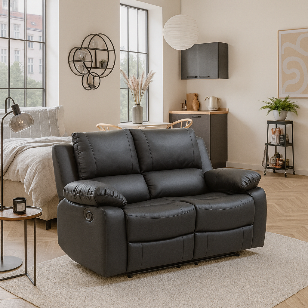 Double PU Leather Reclining Loveseat with Pullback Control Footrest, Black
