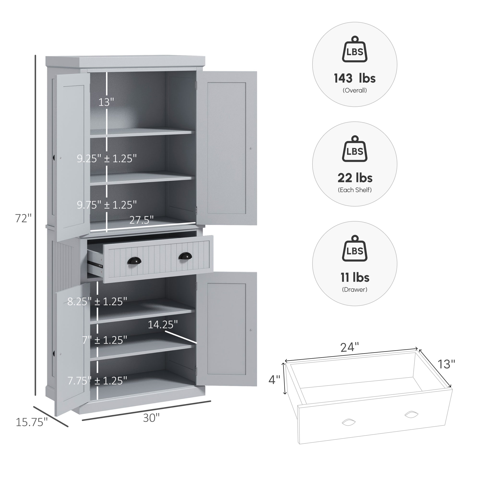 72" Kitchen Pantry Storage Cabinet with 4 Doors & 3 Adjustable Shelves, Gray