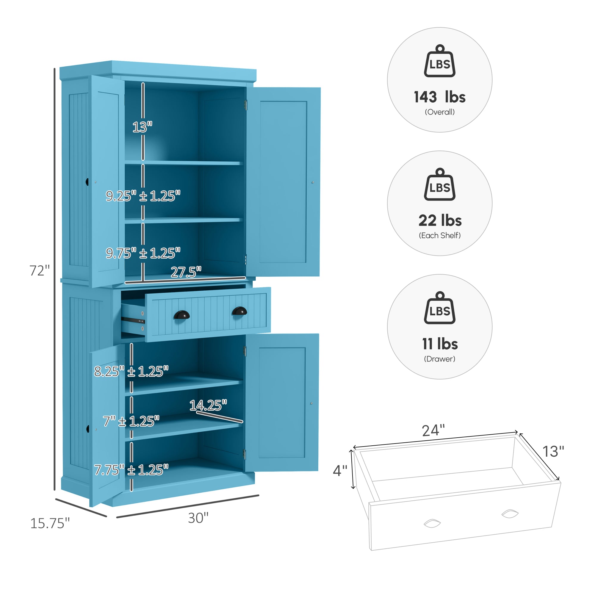 72" Kitchen Pantry Storage Cabinet Cupboard w/ 4 Doors and 3 Adjustable Shelves Light Blue
