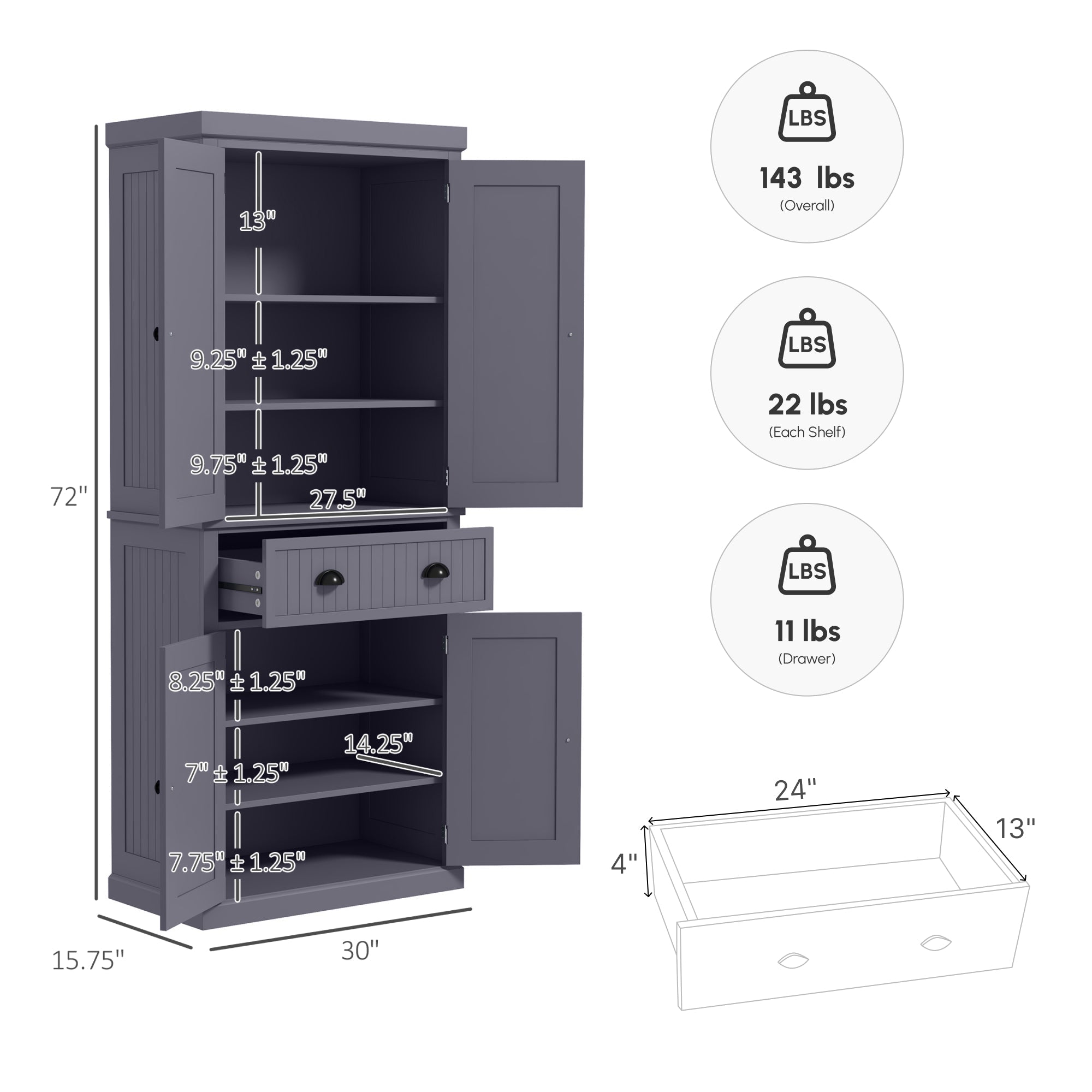 72" Kitchen Pantry Storage Cabinet Cupboard w/ 4 Doors & 3 Adjustable Shelves, Navy Blue