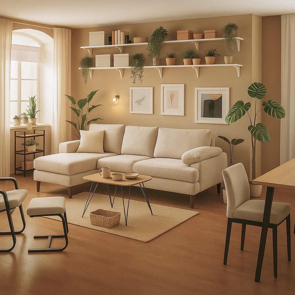 4-Seater U-Shape Sectional Sofa with Double Chaise Fabric Upholstery, Beige