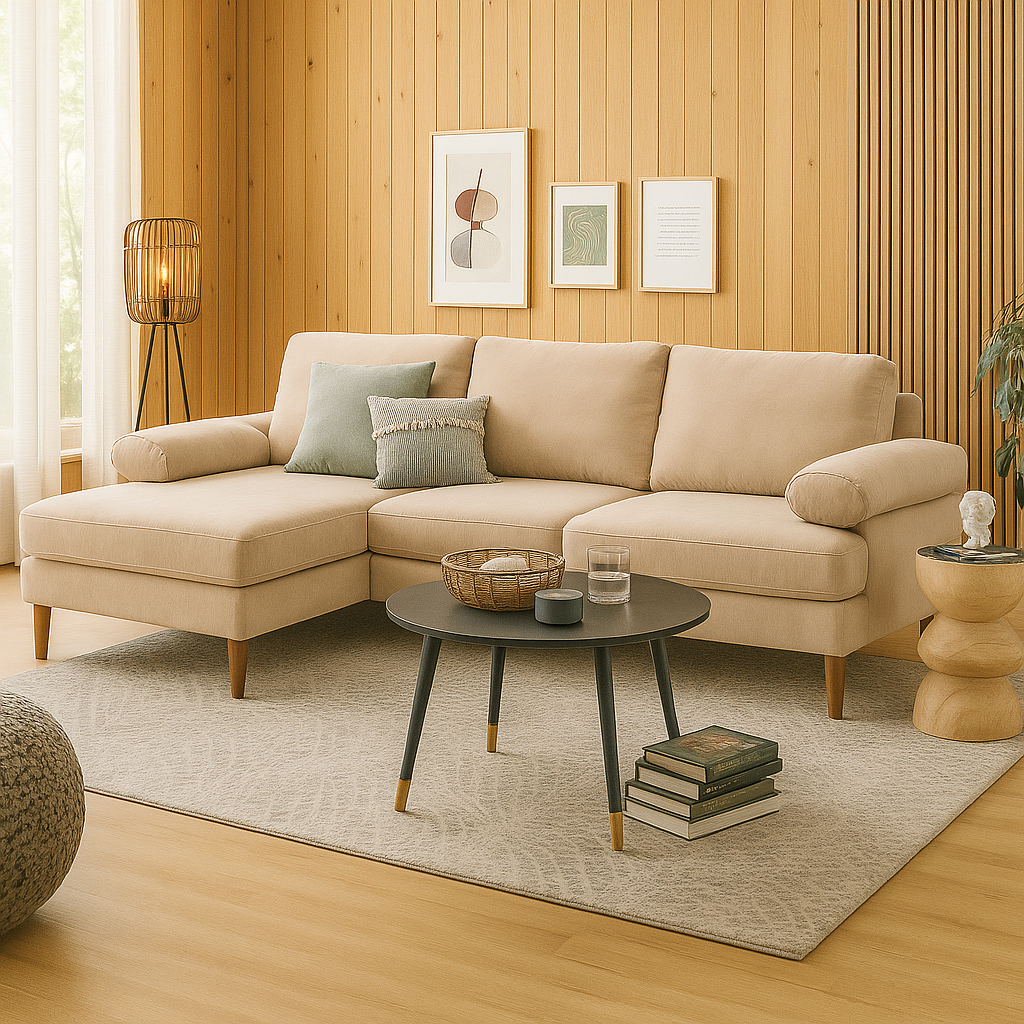 4-Seater U-Shape Sectional Sofa with Double Chaise Fabric Upholstery, Beige