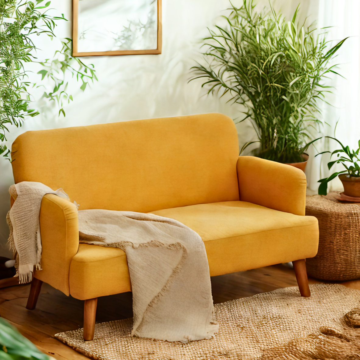 2 Seater Sofa, Velvet Feel Fabric Loveseat with 21cm Thick Padding and Wood Legs, Yellow