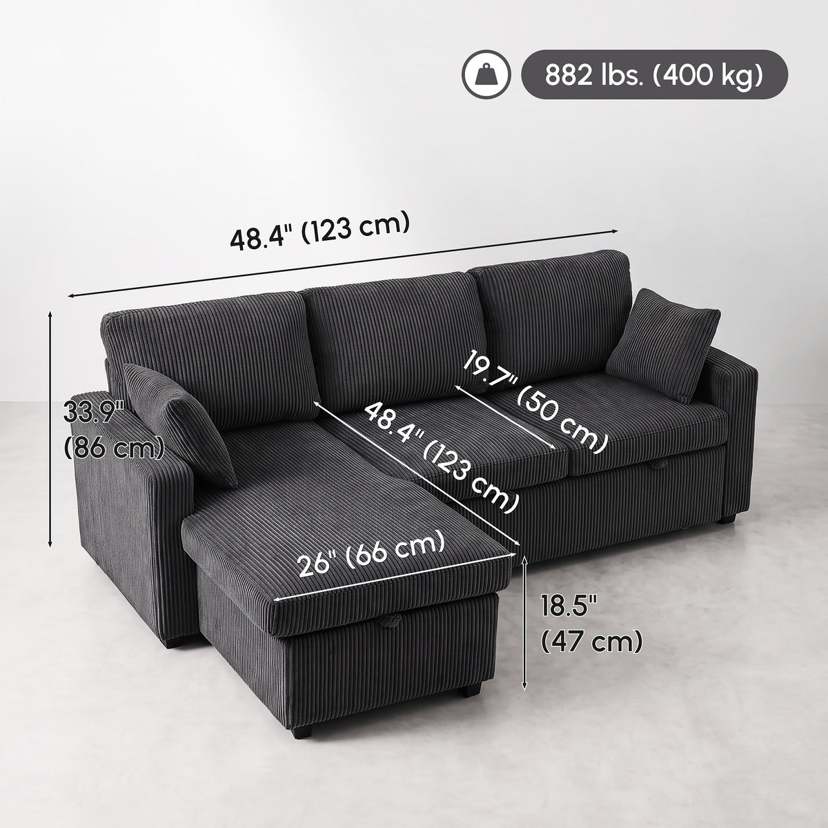 FlexLiving 81" L-Shaped Reversible Storage Sleeper Sectional, Dark Grey