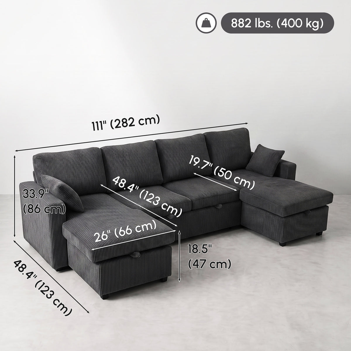 FlexLiving 111" U-Shaped Dual-Storage Sleeper Sectional, Charcoal Grey