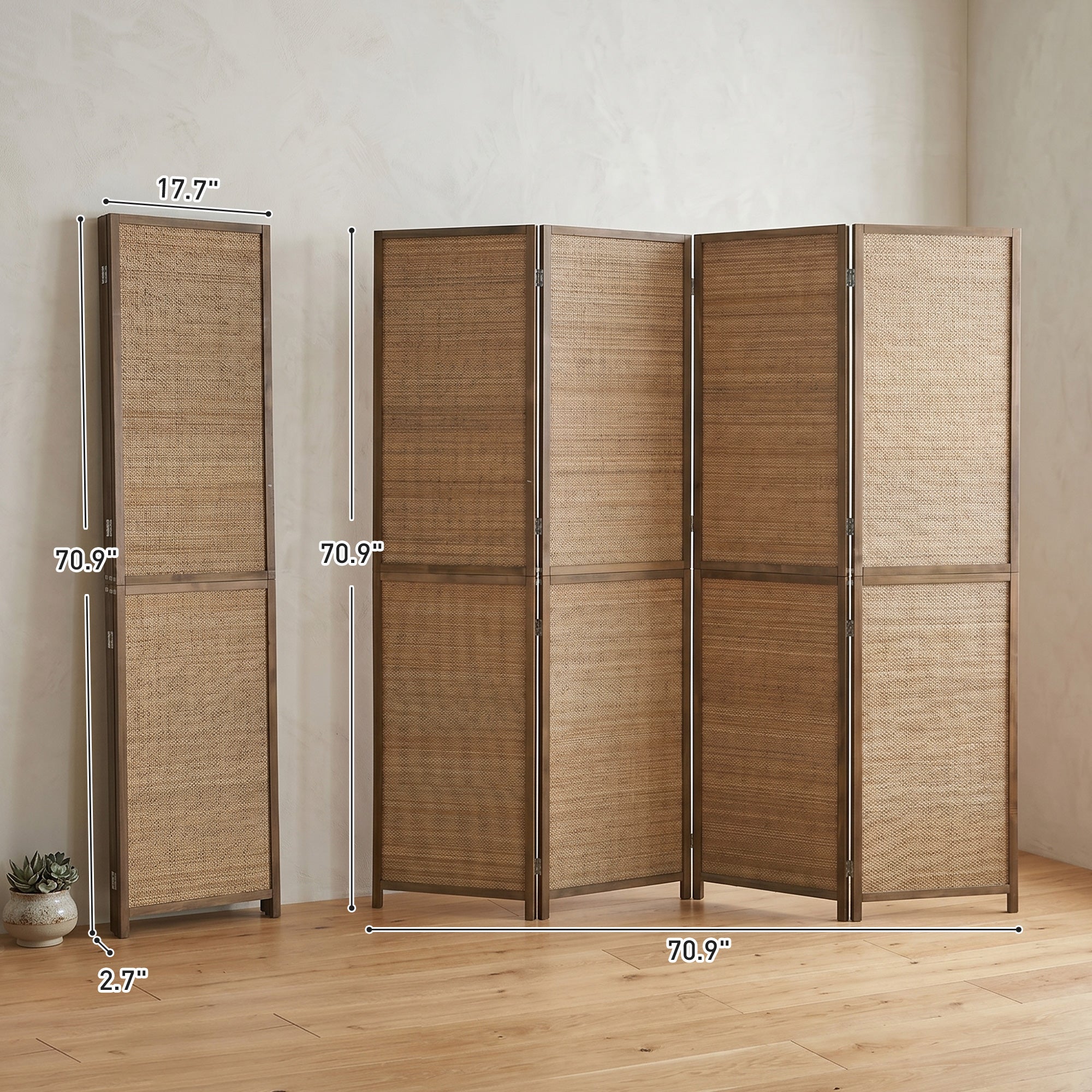 Room Divider, 6 FT Tall Folding Privacy Screen, 4 Panel Hand-Woven Bamboo Wall Partition for Room Separation, Portable Boho Freestanding Wall Divider for Bedroom, Home Office, Brown
