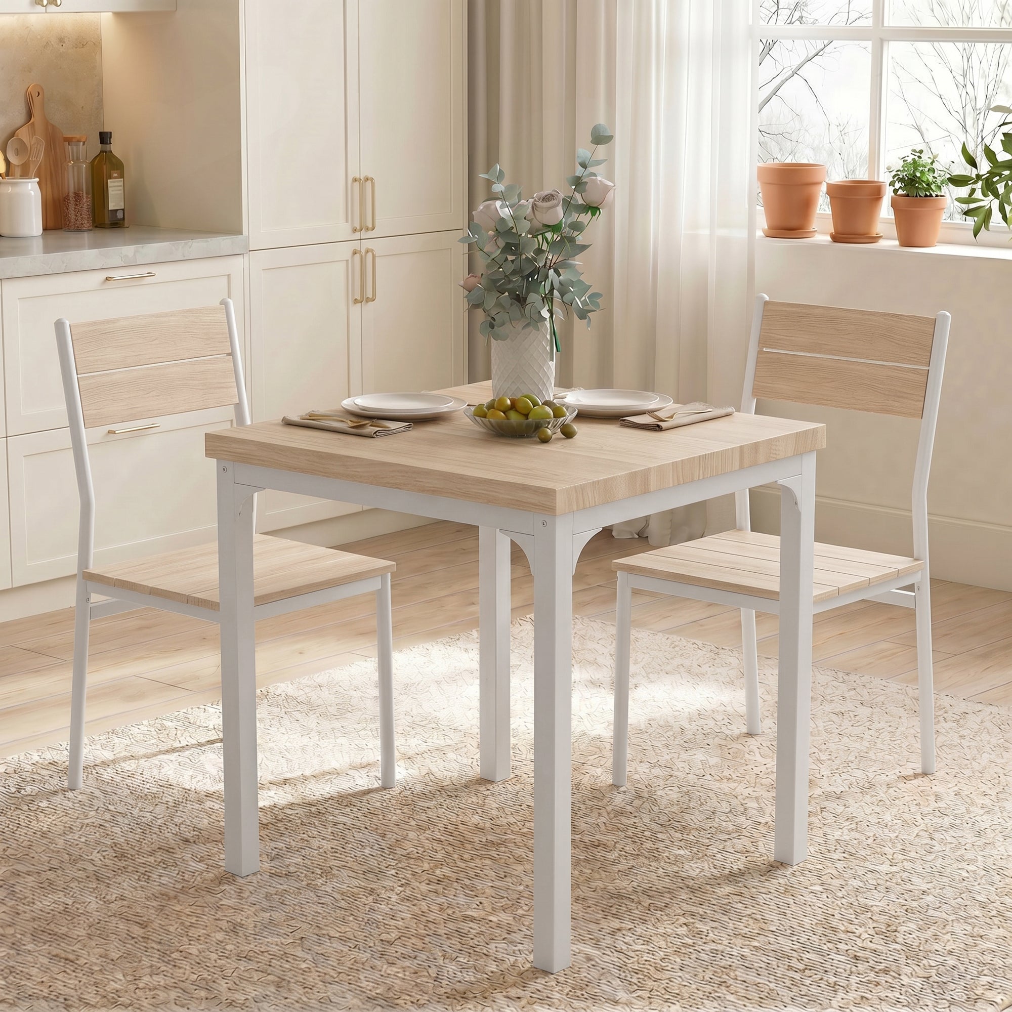 3 Pieces Modern Dining Table Set, Kitchen Table and Chairs for 2, Space Saving Design, Breakfast Nook Table Set with Steel Legs for Kitchen, Small Space, Oak Wood Effect