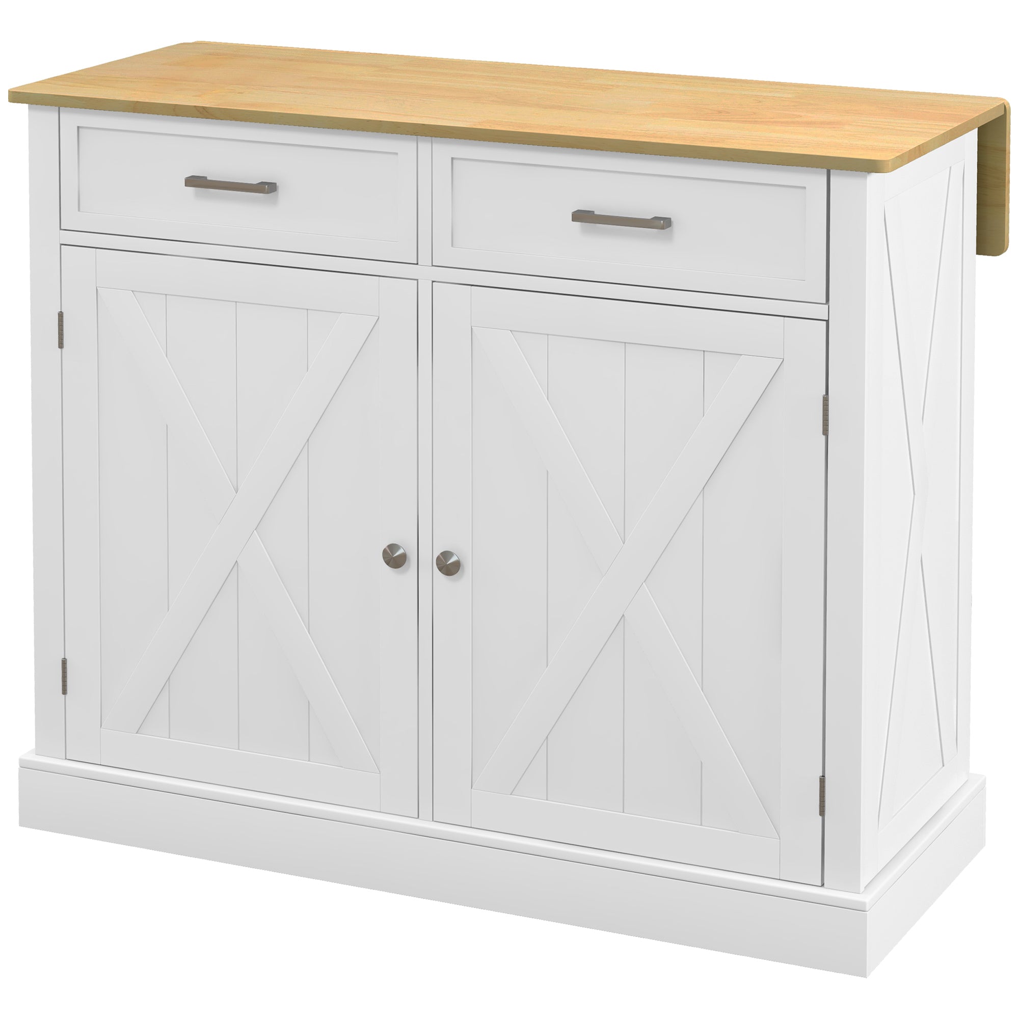Rolling Kitchen Island with Drop Leaf, Wood Breakfast Bar Cart with 2 Drawers, White