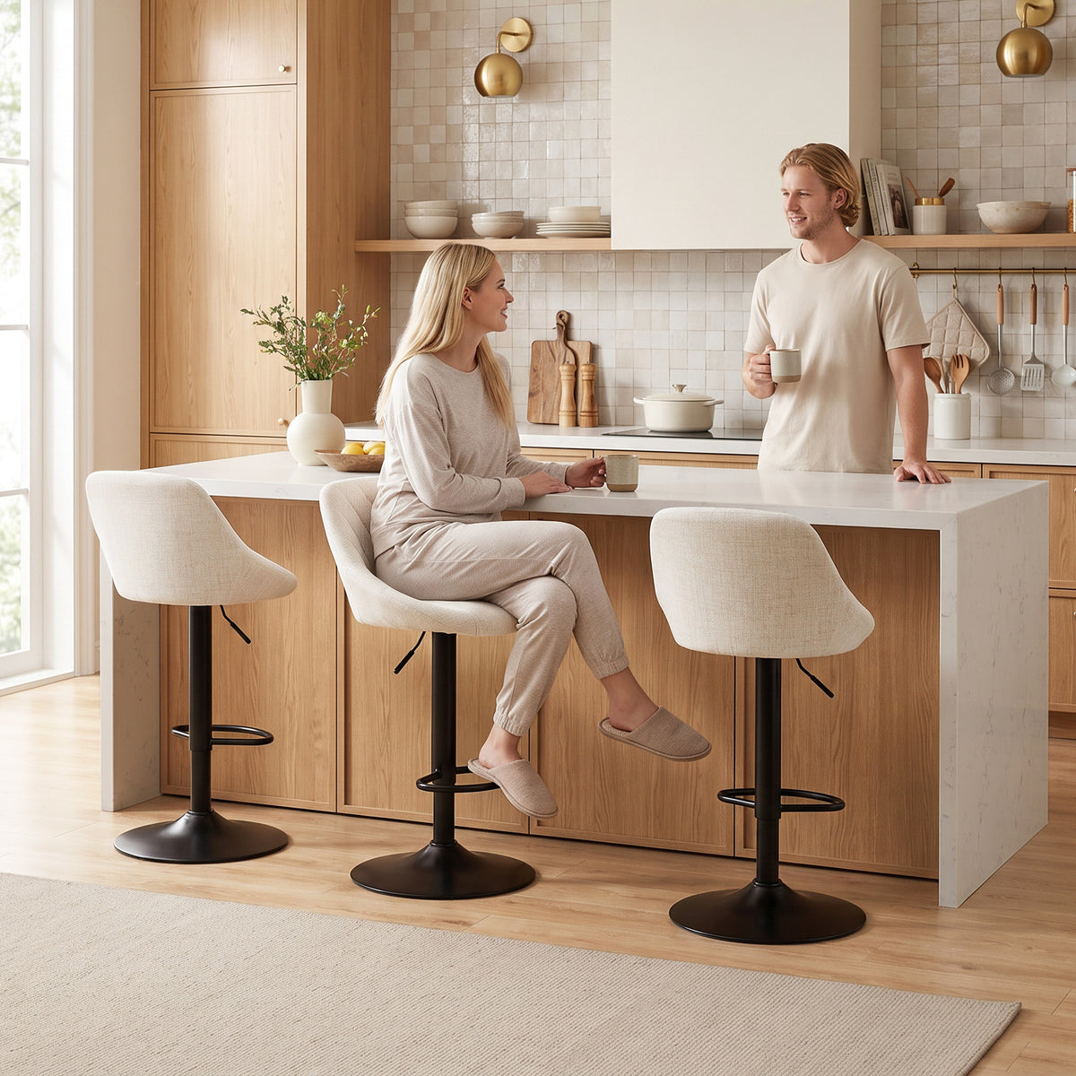 Bar Stools Set of 3, Swivel Counter Height Bar Stools with Backrest, Modern Adjustable Linen-Look Bar Chairs, Armless for Kitchen Island, Cream White