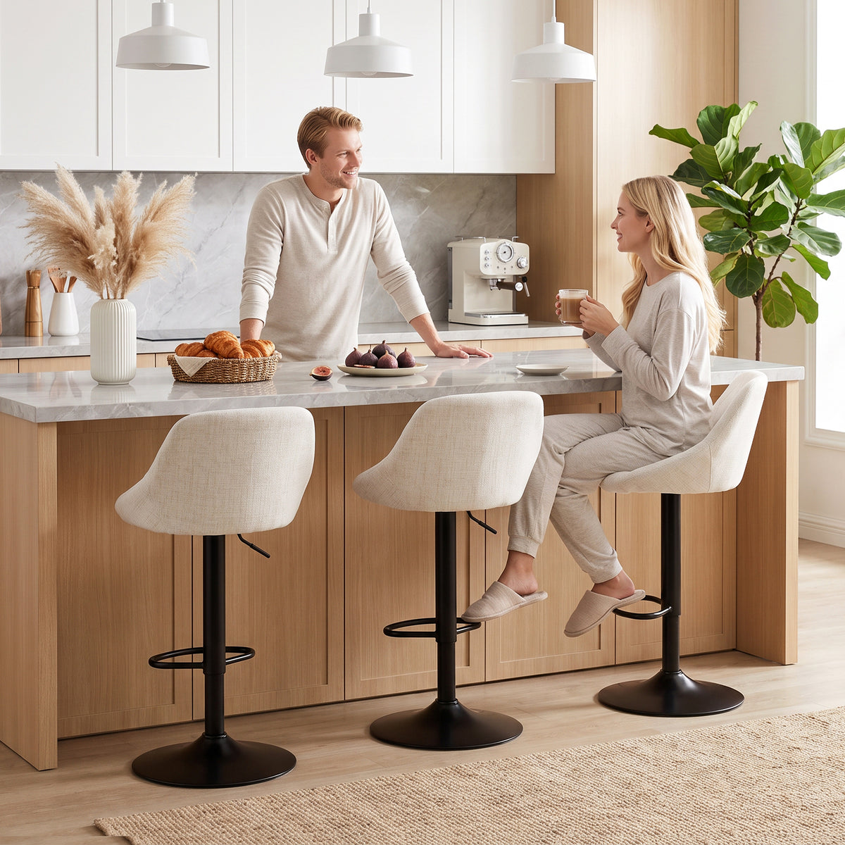 Bar Stools Set of 3, Swivel Counter Height Bar Stools with Backrest, Modern Adjustable Linen-Look Bar Chairs, Armless for Kitchen Island, Cream White