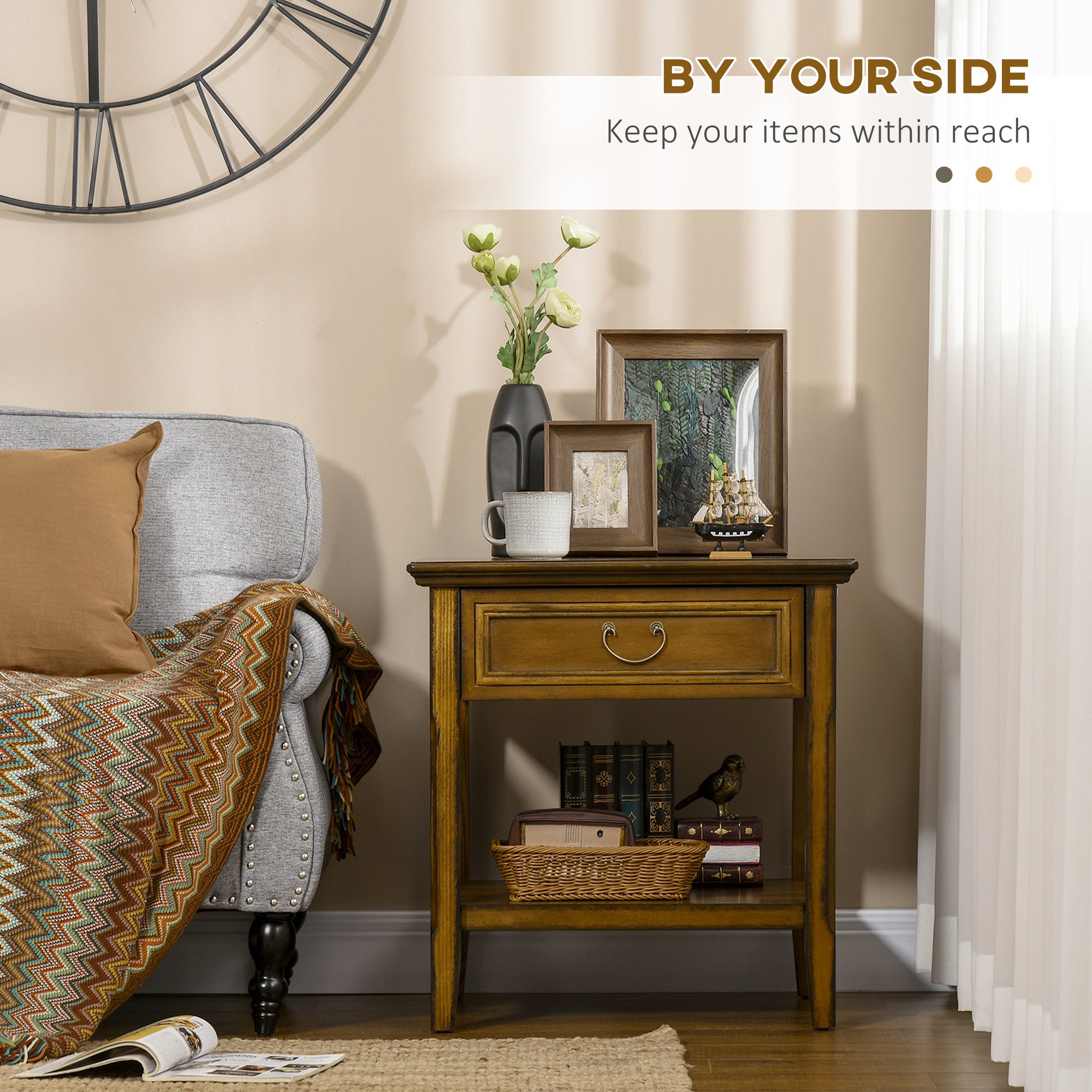 Retro Side Table with Storage Drawer and Open Shelf for Living Room Bedroom Dark Coffee