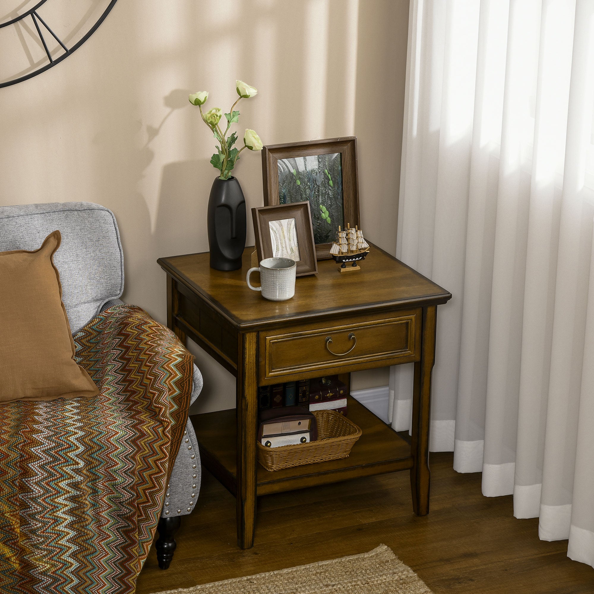 Retro Side Table with Storage Drawer and Open Shelf for Living Room Bedroom Dark Coffee