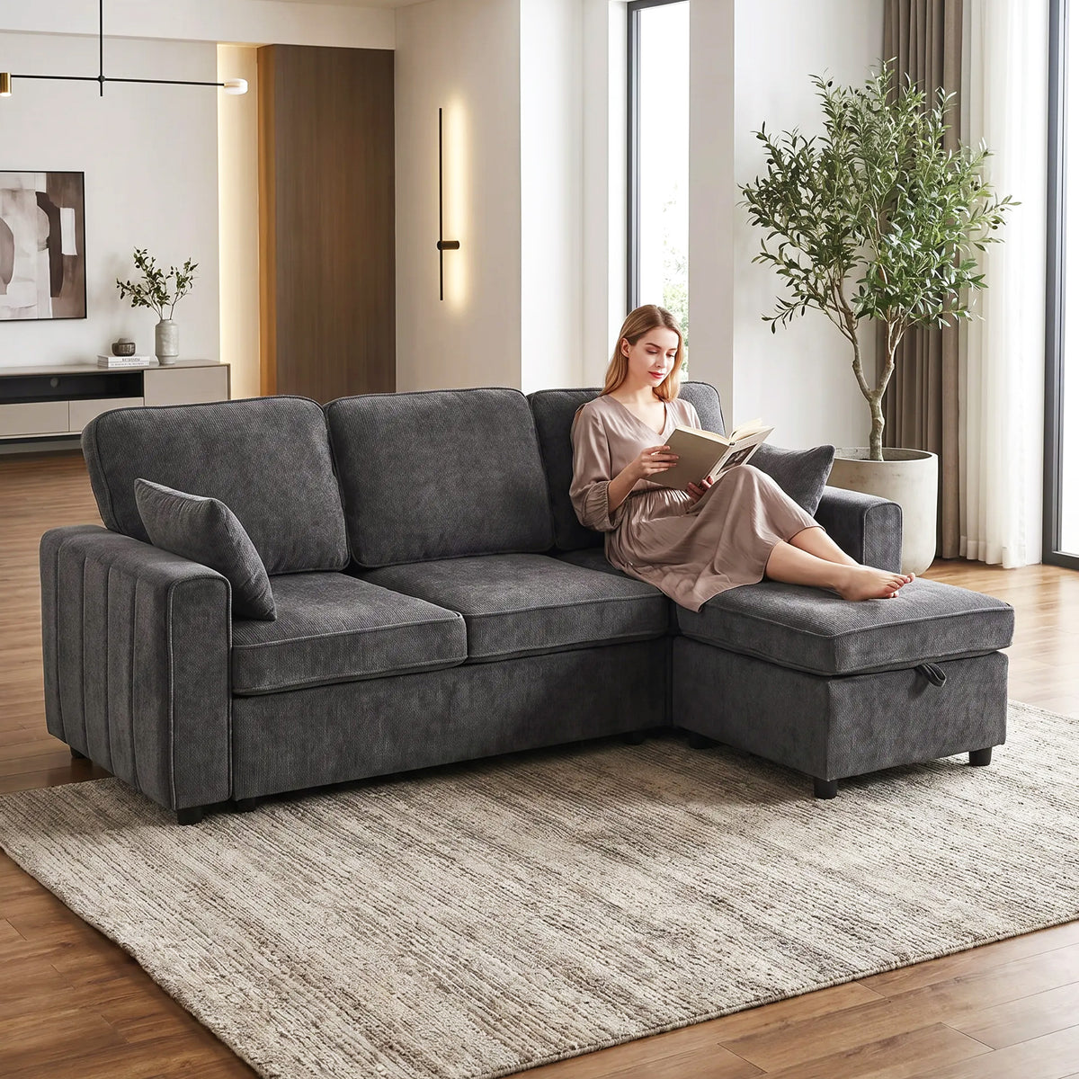 Modular Sectional Sofa Bed with Reversible Storage Ottoman, Chenille Pull Out Sleeper Sofa with Spring Cushion, Wide and Deep Seat, 3 Seater Couch for Living Room, Dark Grey