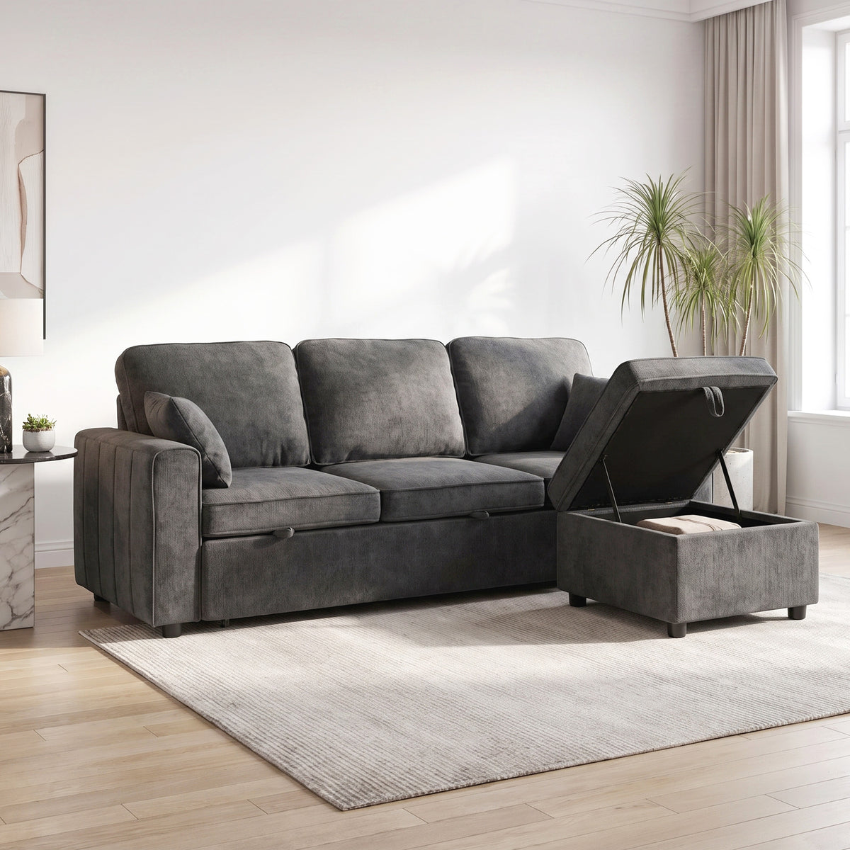Modular Sectional Sofa Bed with Reversible Storage Ottoman, Chenille Pull Out Sleeper Sofa with Spring Cushion, Wide and Deep Seat, 3 Seater Couch for Living Room, Dark Grey