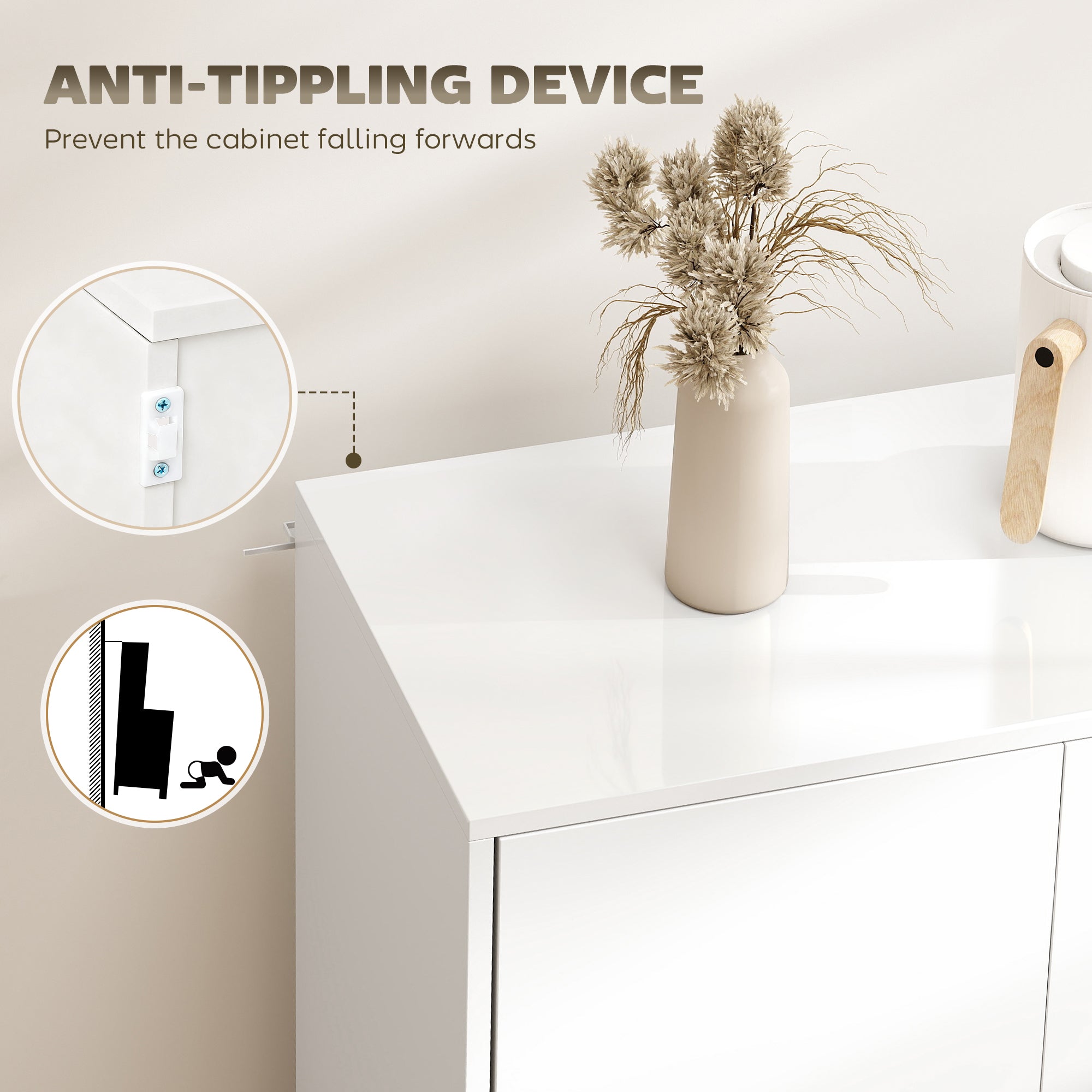 High Gloss Buffet Sideboard with 2 Drawers, 4 Doors and Adjustable Shelf, Kitchen Storage Cabinet with Push Open Design, White