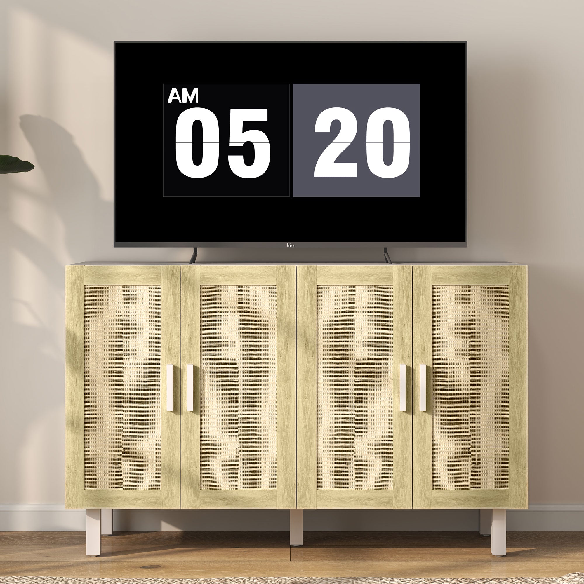 Solace 4 Doors Rattan Cabinet with Adjustable Shelves, White & Natural