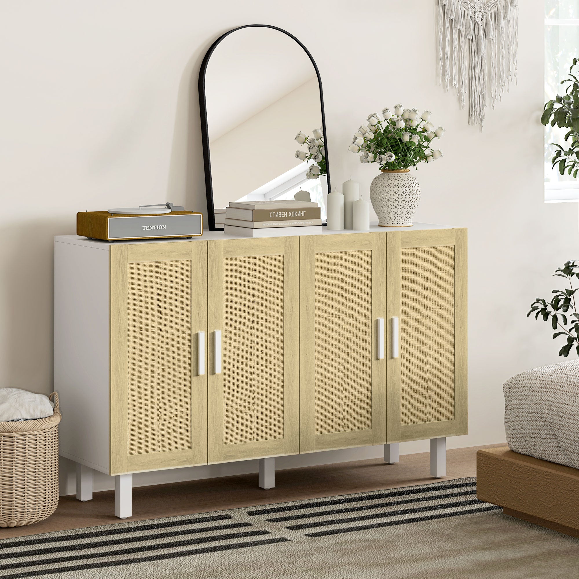 Solace 4 Doors Rattan Cabinet with Adjustable Shelves, White & Natural