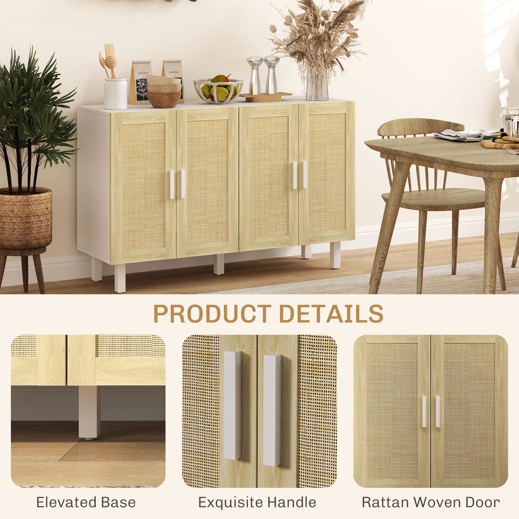 Solace 4 Doors Rattan Cabinet with Adjustable Shelves, White & Natural