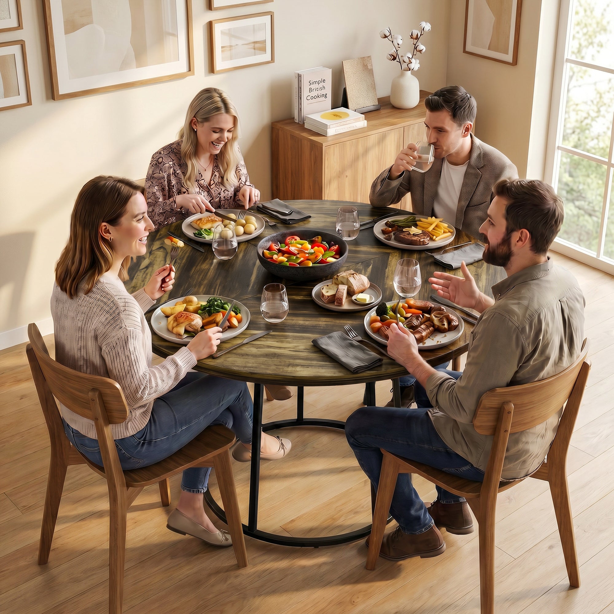Modern Industrial Dining Table for 4-6 People, 120 cm Round Kitchen Table with Spliced Top and Conical Metal Base for Dining Room, Kitchen, Living Room, Rustic Brown