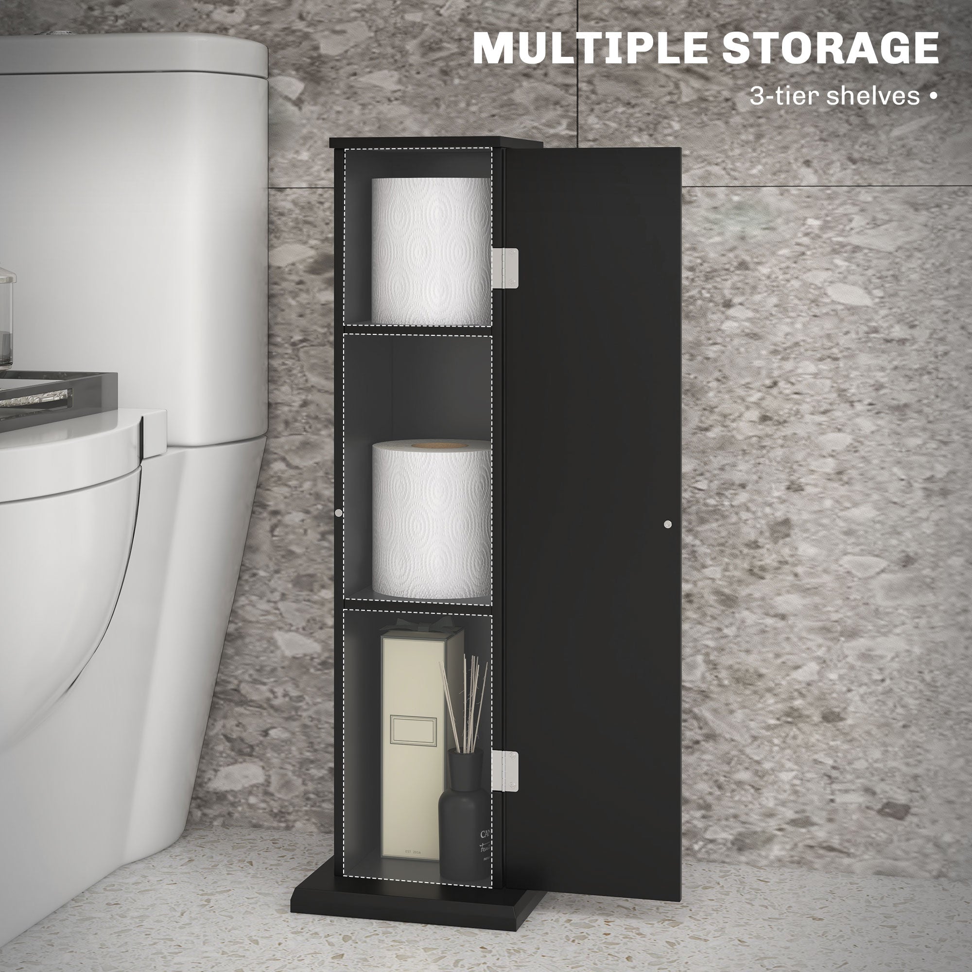 Small Toilet Paper Cabinet, Bathroom Corner Cabinet with Doors and Shelves, Black