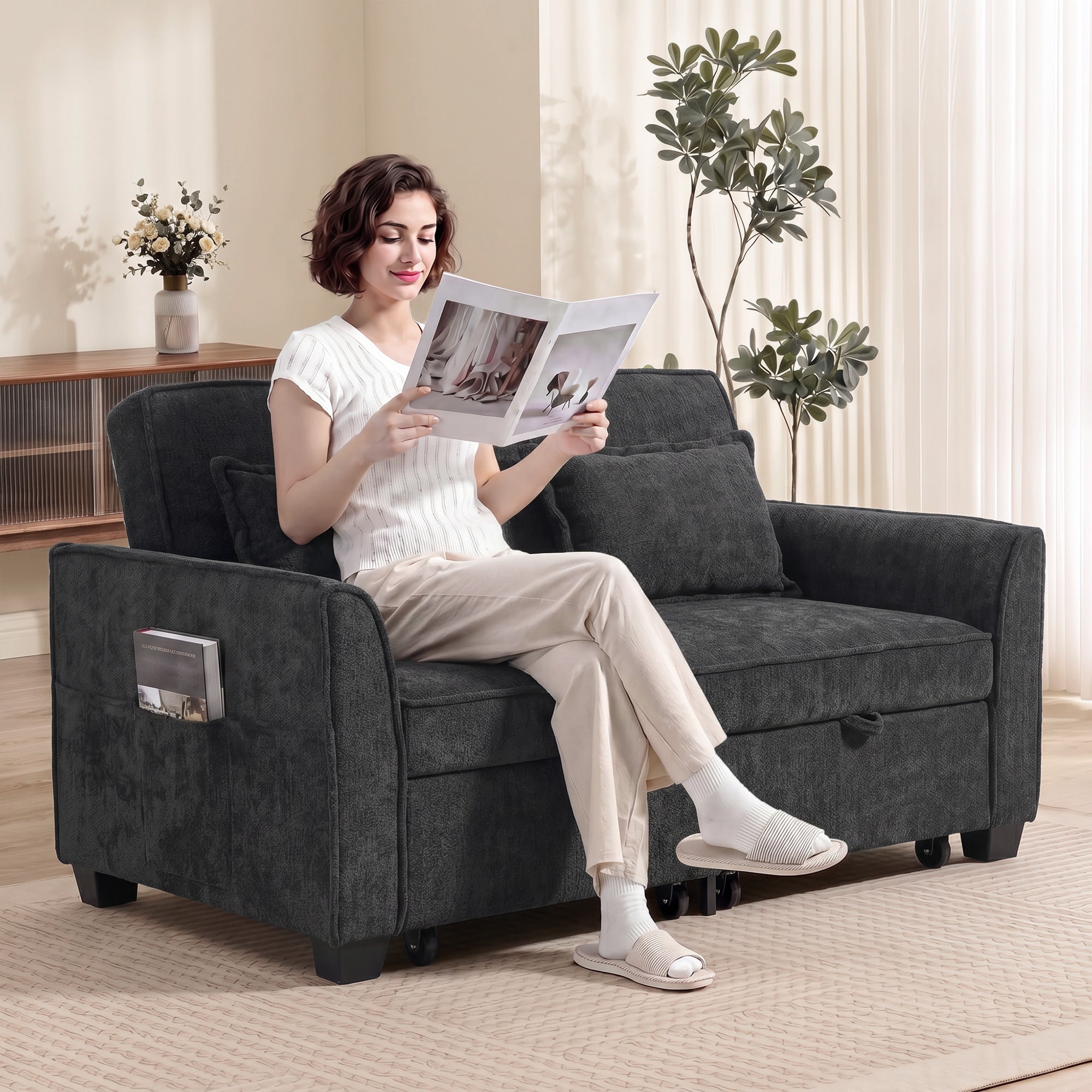 2 Seater Sofa Bed, 4-in-1 L Shaped Convertible Pull Out Sleeper Sofa with Adjustable Backrest, Chenille Loveseat with 2 Pillows, Wide Deep Seat, Side Pockets for Living Room, Black