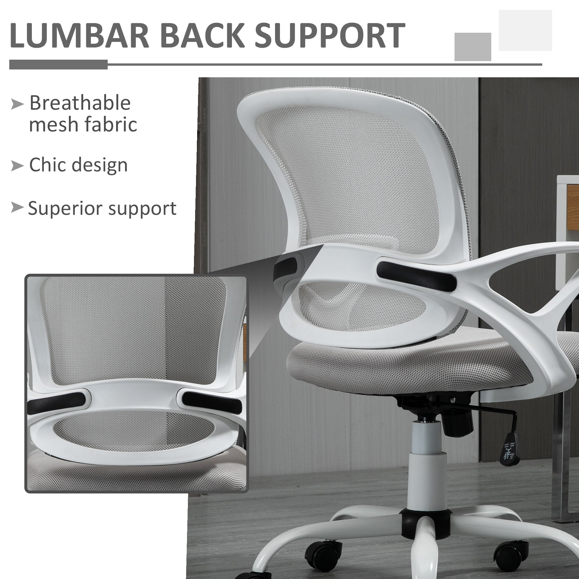 Ergonomic Mesh Office Chair, Swivel Mid Back Computer Desk Chair with Lumbar Back Support, Adjustable Height, Rocking Function, Rolling Wheels, for Home Office Study, Gray