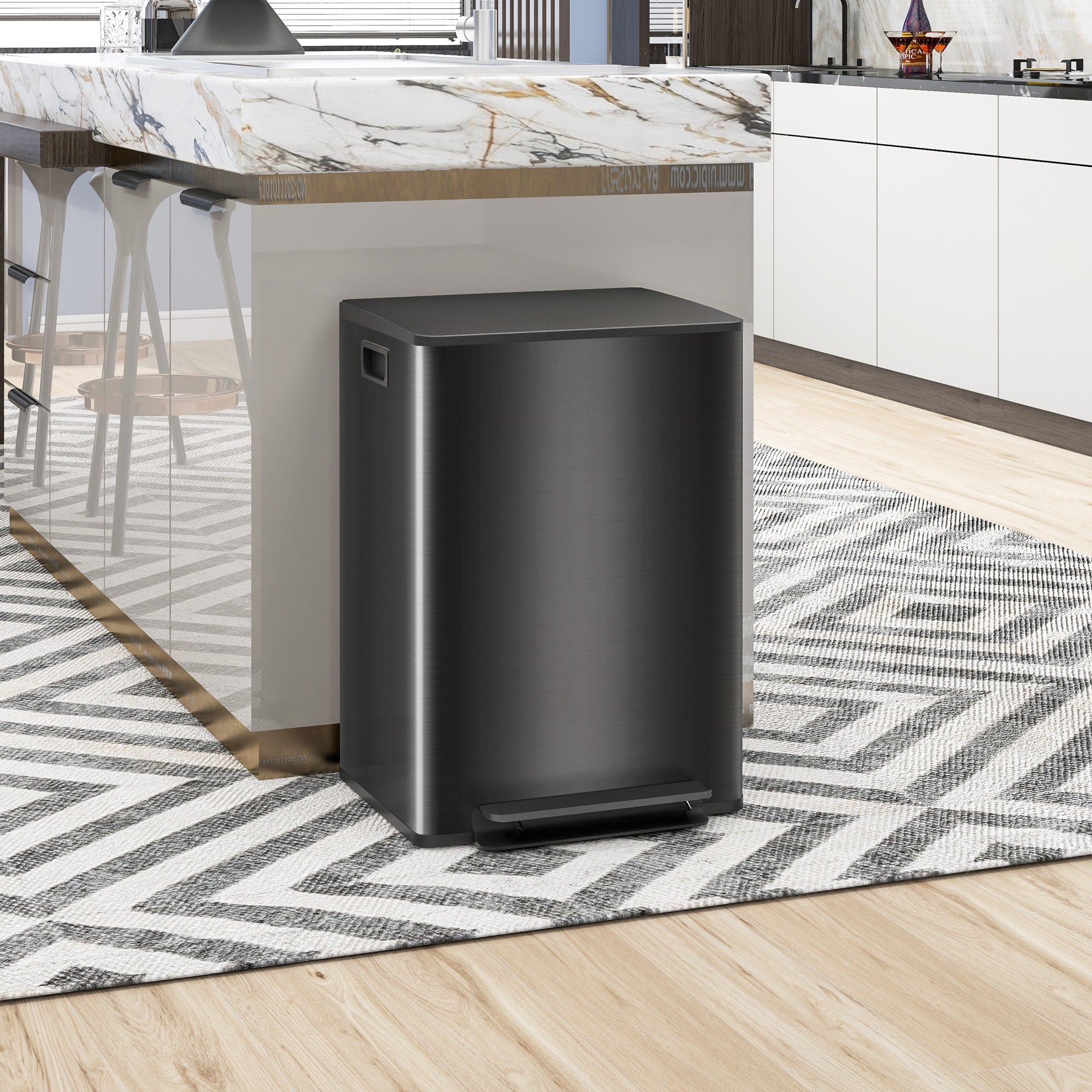 HOMCOM Dual Kitchen Bin, 2 x 30L Double Bin for Recycling and Waste, Stainless Steel Pedal Bin with Soft-Close Lid, Removable Inner Buckets and Handles, Black