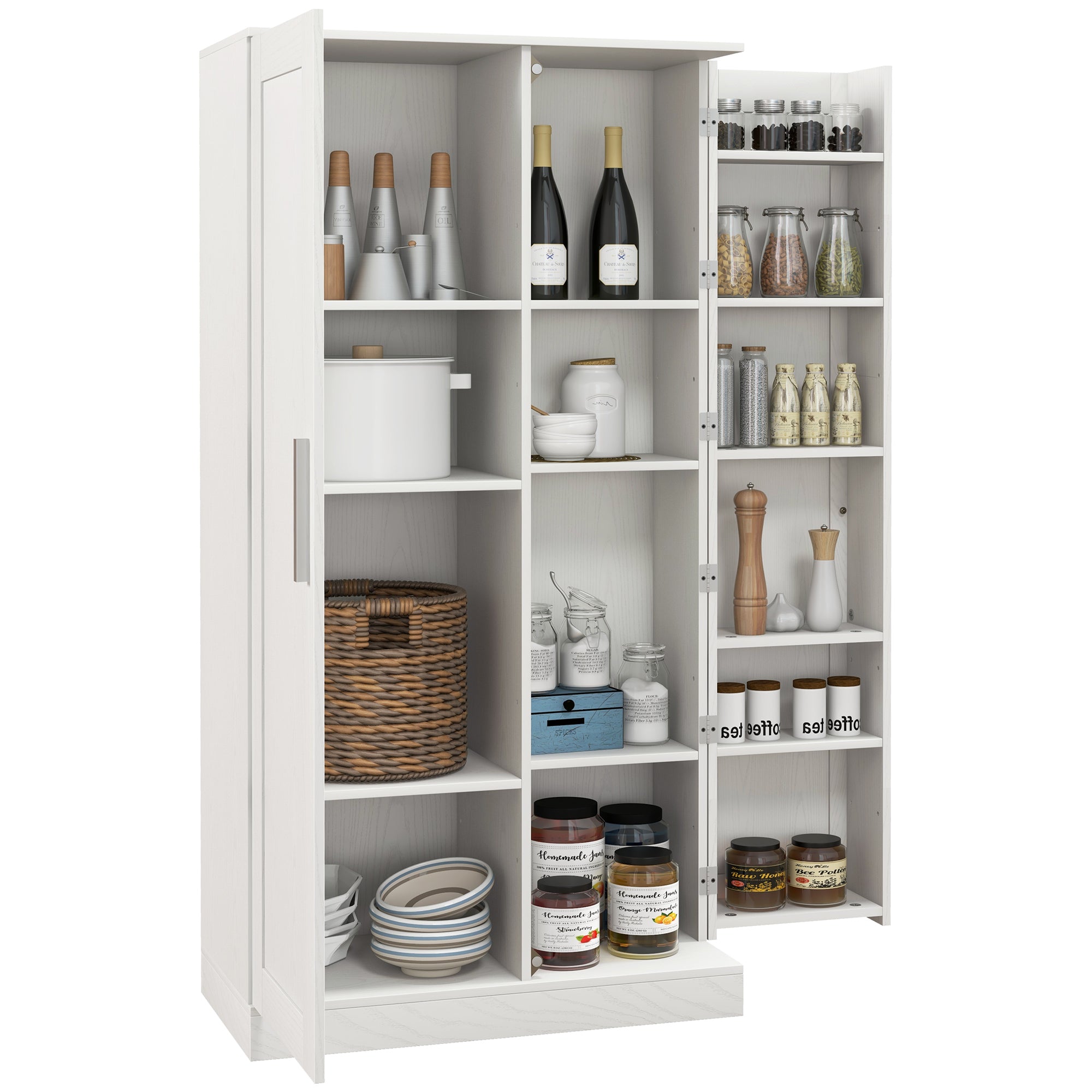 14-Tier Kitchen Pantry Storage Cabinet, Freestanding Cupboard for Dining Room, White