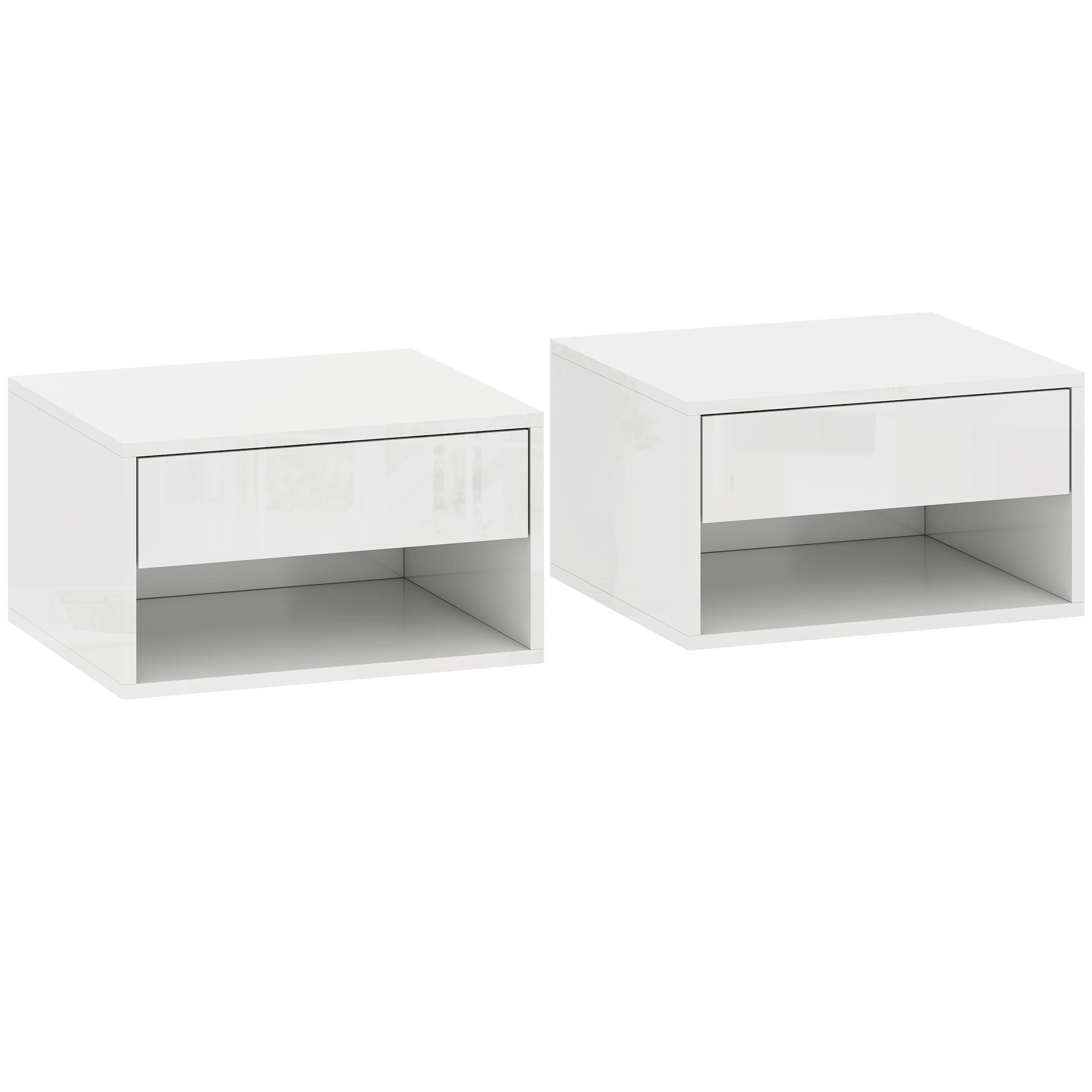 Floating Bedside Tables Set of 2, Wall Mounted Nightstand with Drawer and Open Shelf for Bedroom, High Gloss White