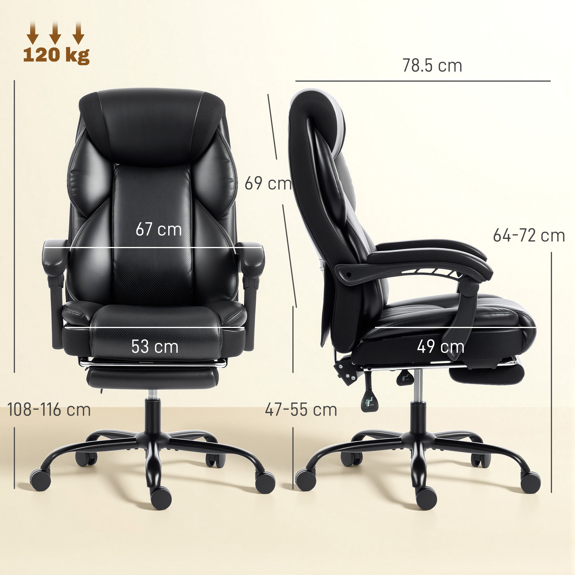 Office Chair, PU Leather Reclining Computer Desk Chair with Footrest, Armrest, Adjustable Height, Swivel Casters, Black
