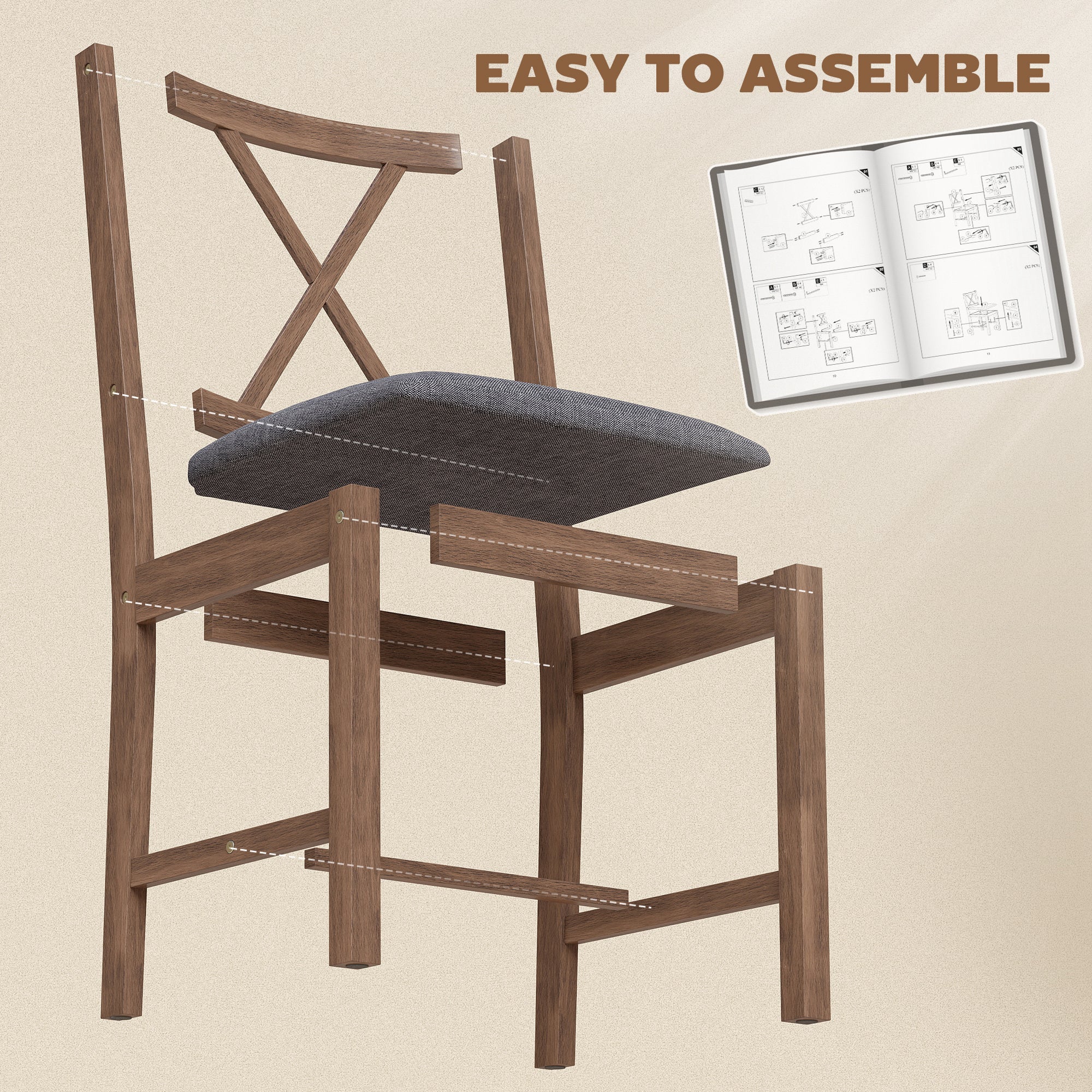 Farmhouse Wooden Dining Chairs Set of 4, Upholstered X-Back Kitchen Chairs with Rubberwood Legs and Padded Seat for Dining Room, Living Room, Gray