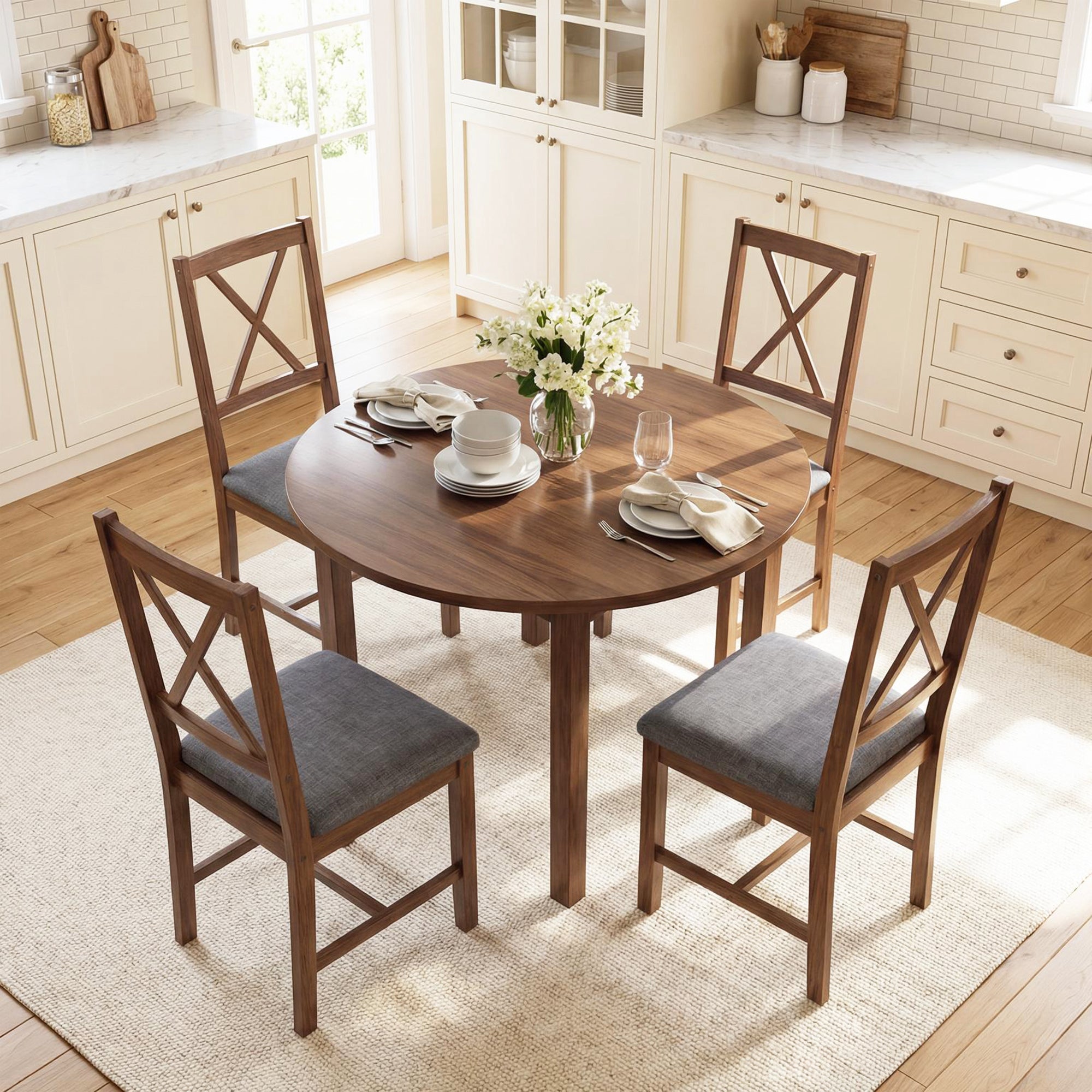 Farmhouse Wooden Dining Chairs Set of 4, Upholstered X-Back Kitchen Chairs with Rubberwood Legs and Padded Seat for Dining Room, Living Room, Gray
