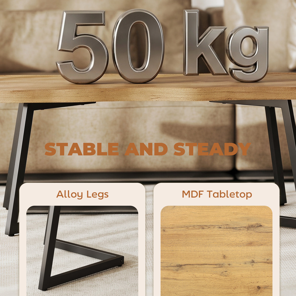 Modern Coffee Table, Living Room Table with Curved Thick Top and Metal Legs for Living Room, Bedroom, Office, 39.4" x 19.7" x 17.7", Oak