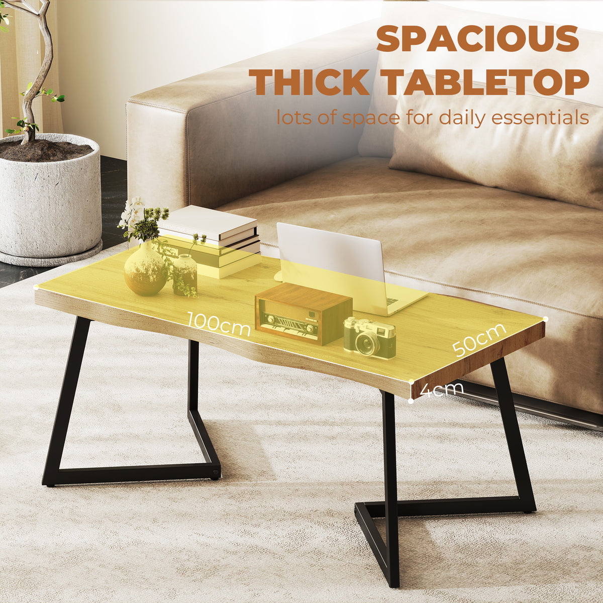 Modern Coffee Table, Living Room Table with Curved Thick Top and Metal Legs for Living Room, Bedroom, Office, 39.4" x 19.7" x 17.7", Oak