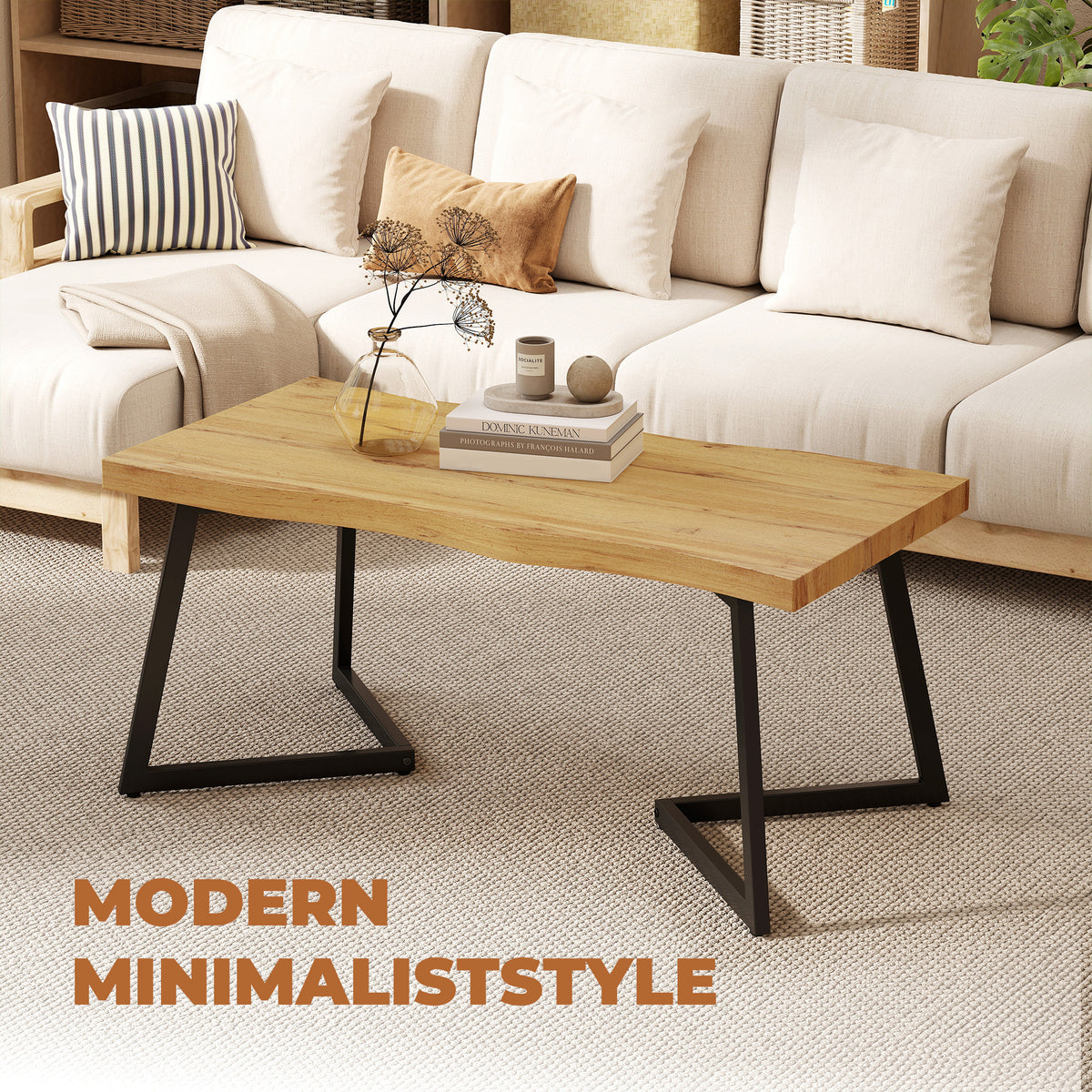 Modern Coffee Table, Living Room Table with Curved Thick Top and Metal Legs for Living Room, Bedroom, Office, 39.4" x 19.7" x 17.7", Oak