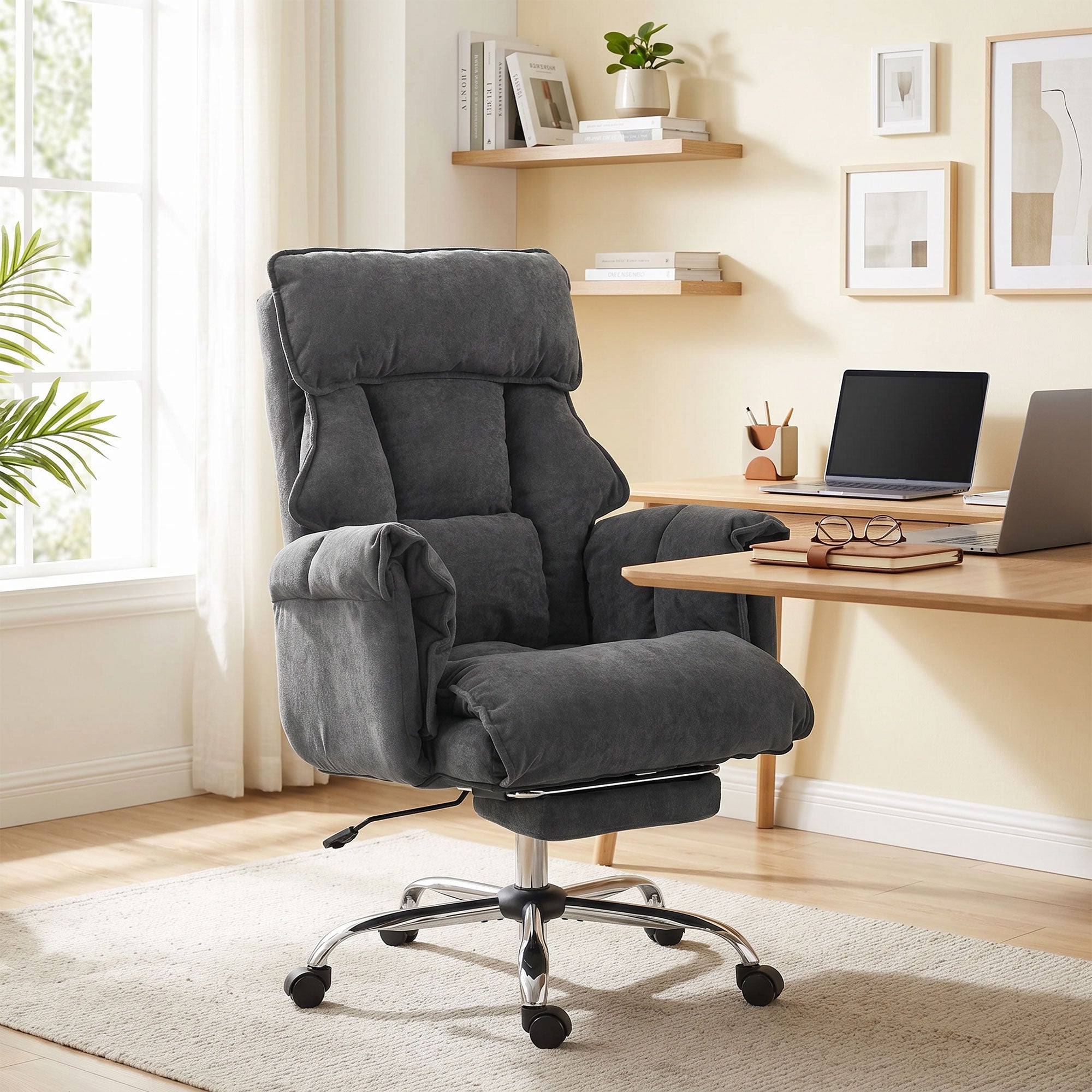 Executive Office Chair with Footrest, Reclining Swivel Computer Desk Chair with High Back, Double-layer Padding, Headrest, Adjustable Height, Rolling Wheels, Dark Grey