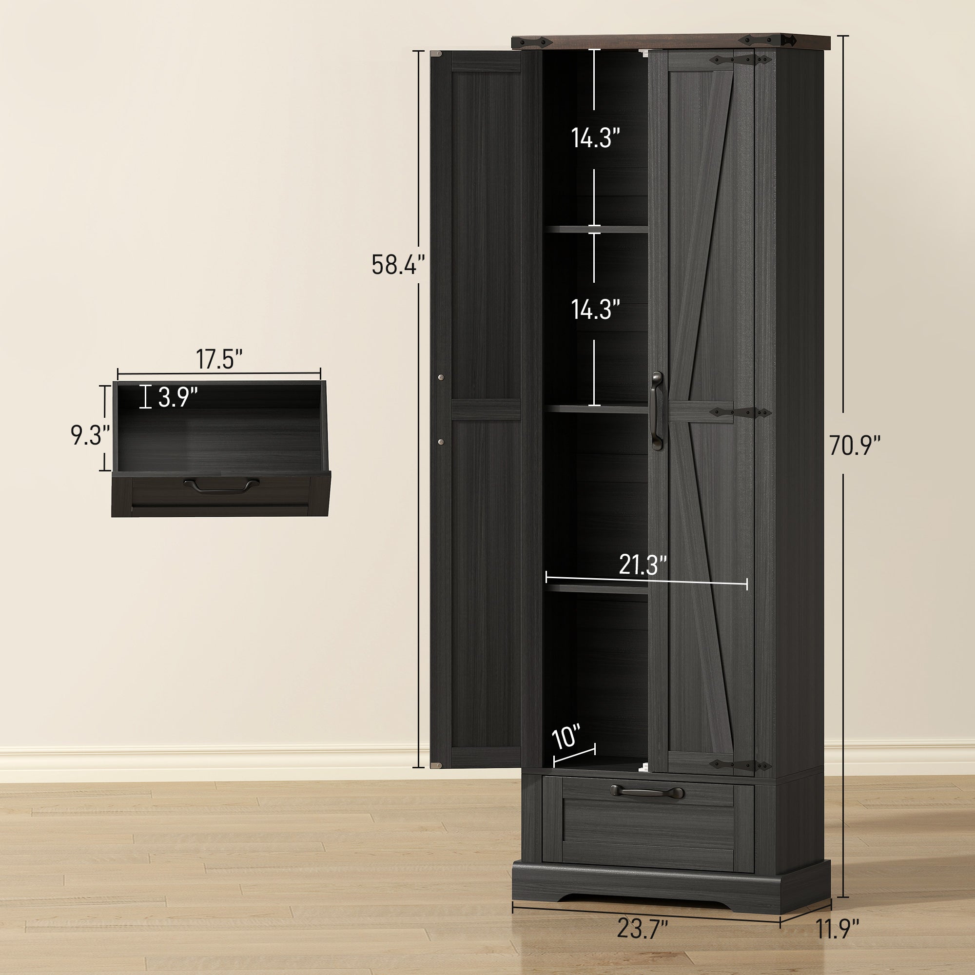 71" Tall Kitchen Pantry, Farmhouse Storage Cabinet with Barn Doors, Drawer and Adjustable Shelves, Freestanding Food Pantry Cabinet for Kitchen, Dining Room, Black