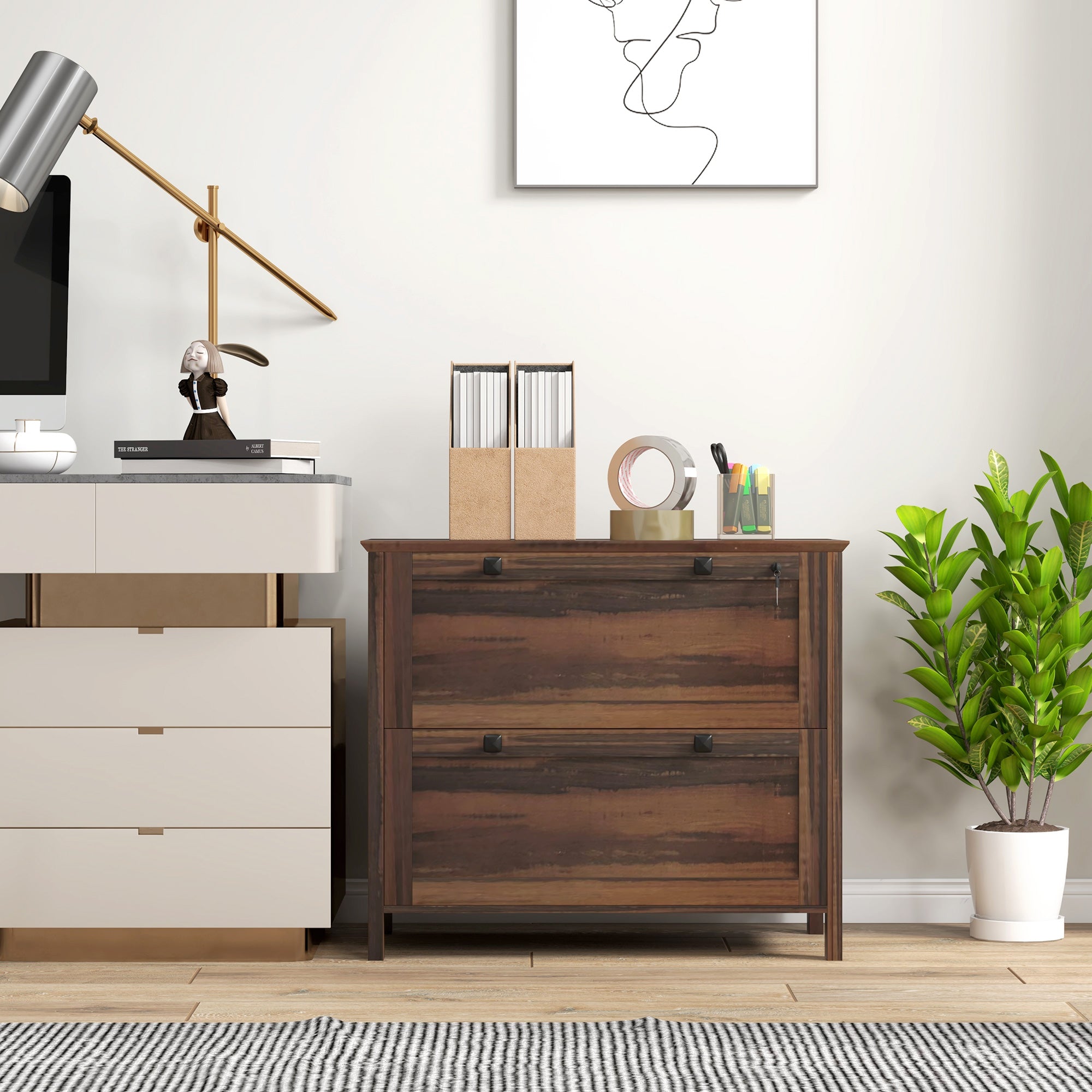 2 Drawer Filing Cabinet with Adjustable Hanging Bar for Letter, A4, Brown