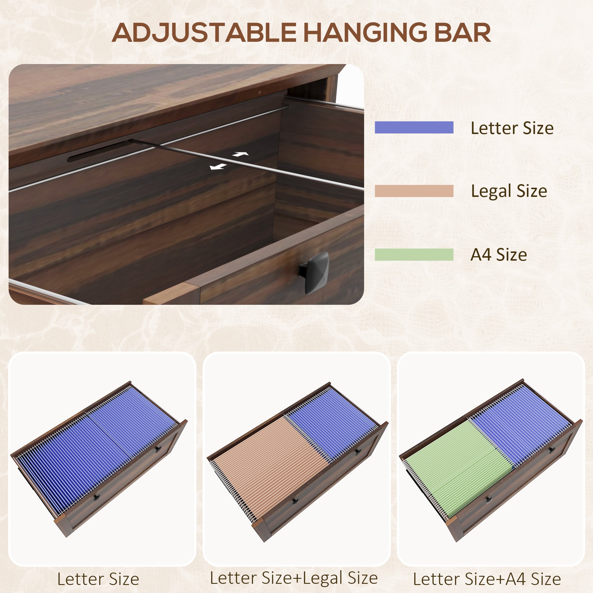 2 Drawer Filing Cabinet with Adjustable Hanging Bar for Letter, A4, Brown