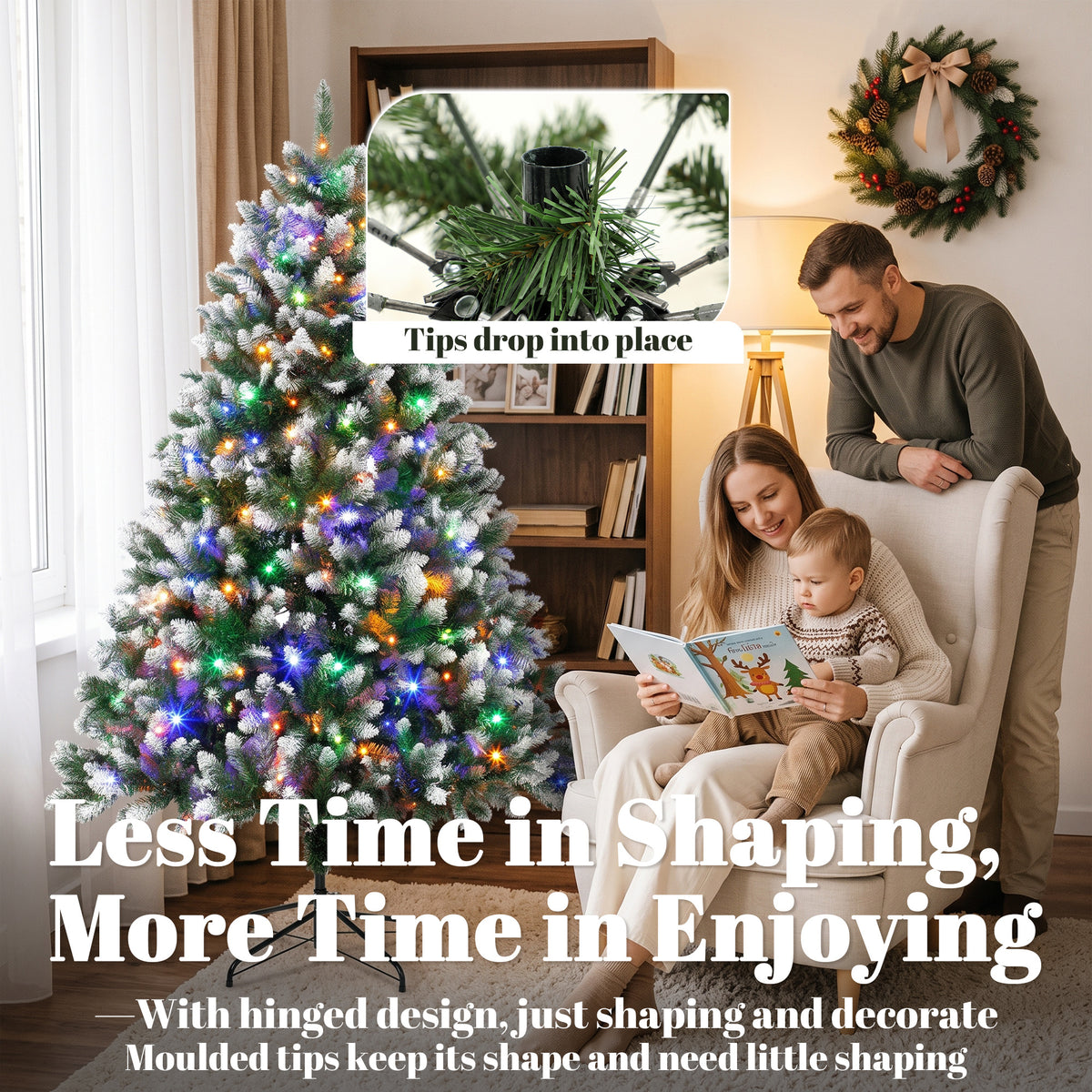 6ft Pre-lit Artificial Christmas Tree, White-Tipped Hinged Full Xmas Tree with 1020 Tips, 11 Modes, 350 LED Lights, Remote, Foldable Metal Stand, Home Office Holiday Decoration